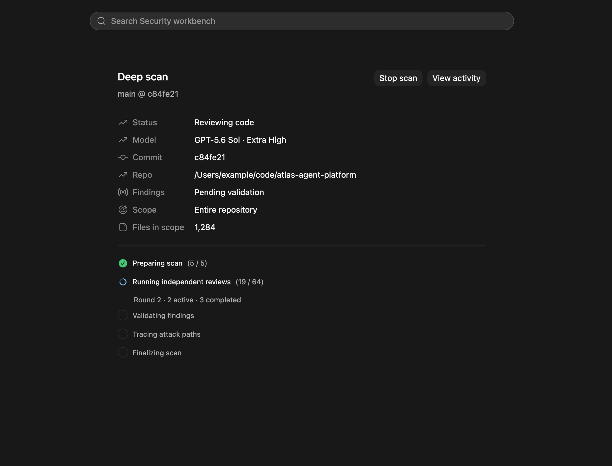 原生 Codex Security 工作台，显示深度扫描及其正在进行的审查阶段