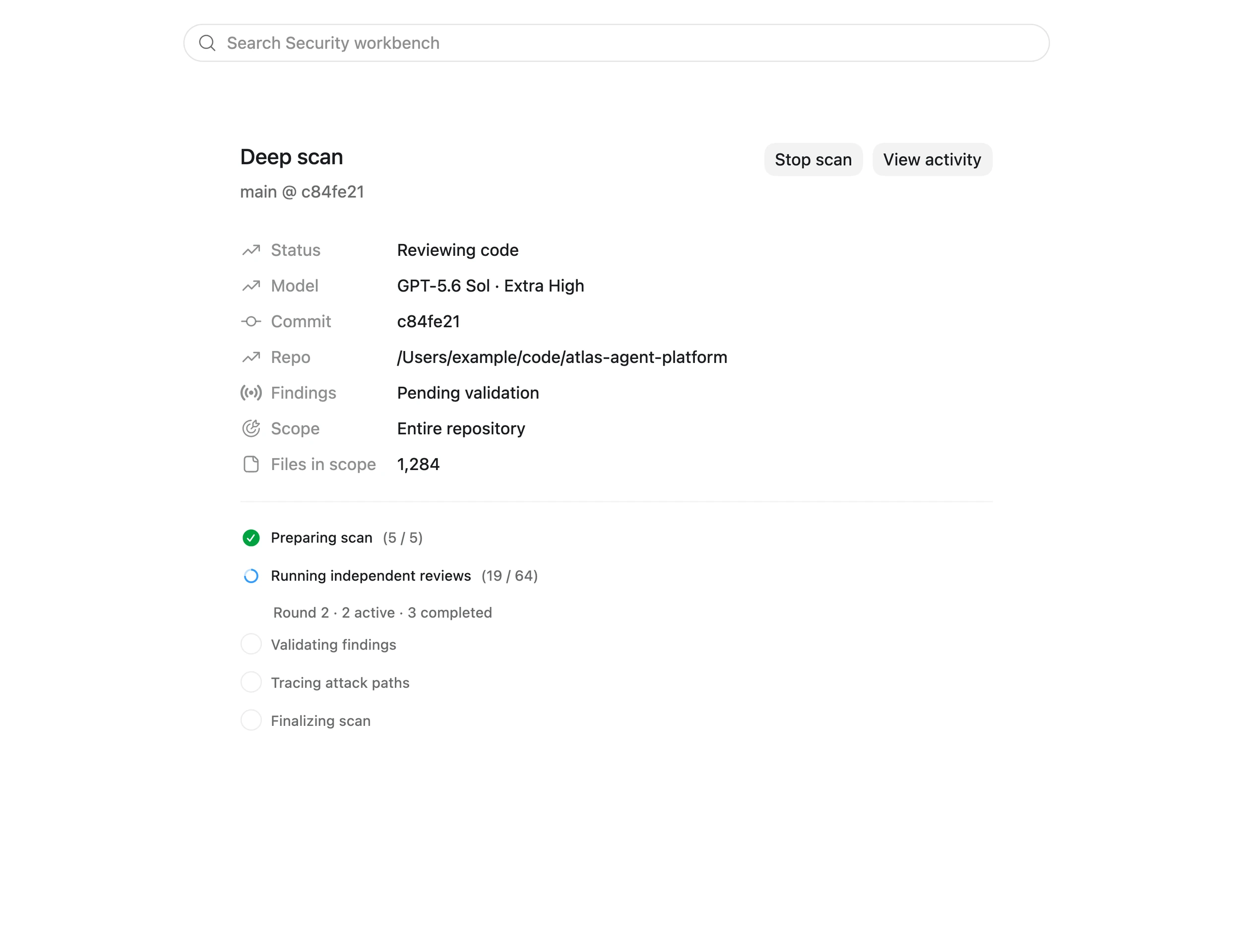 原生 Codex Security 工作台，显示深度扫描及其正在进行的审查阶段