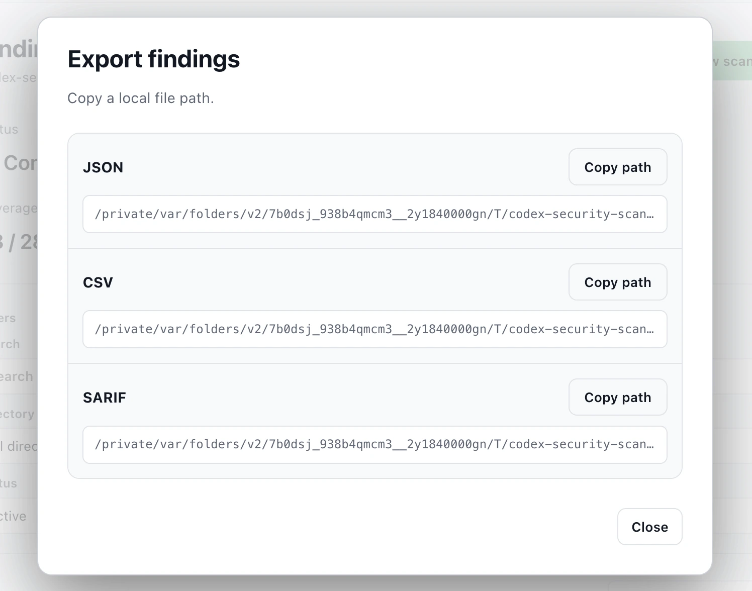 Export findings dialog with JSON, CSV, and SARIF format options