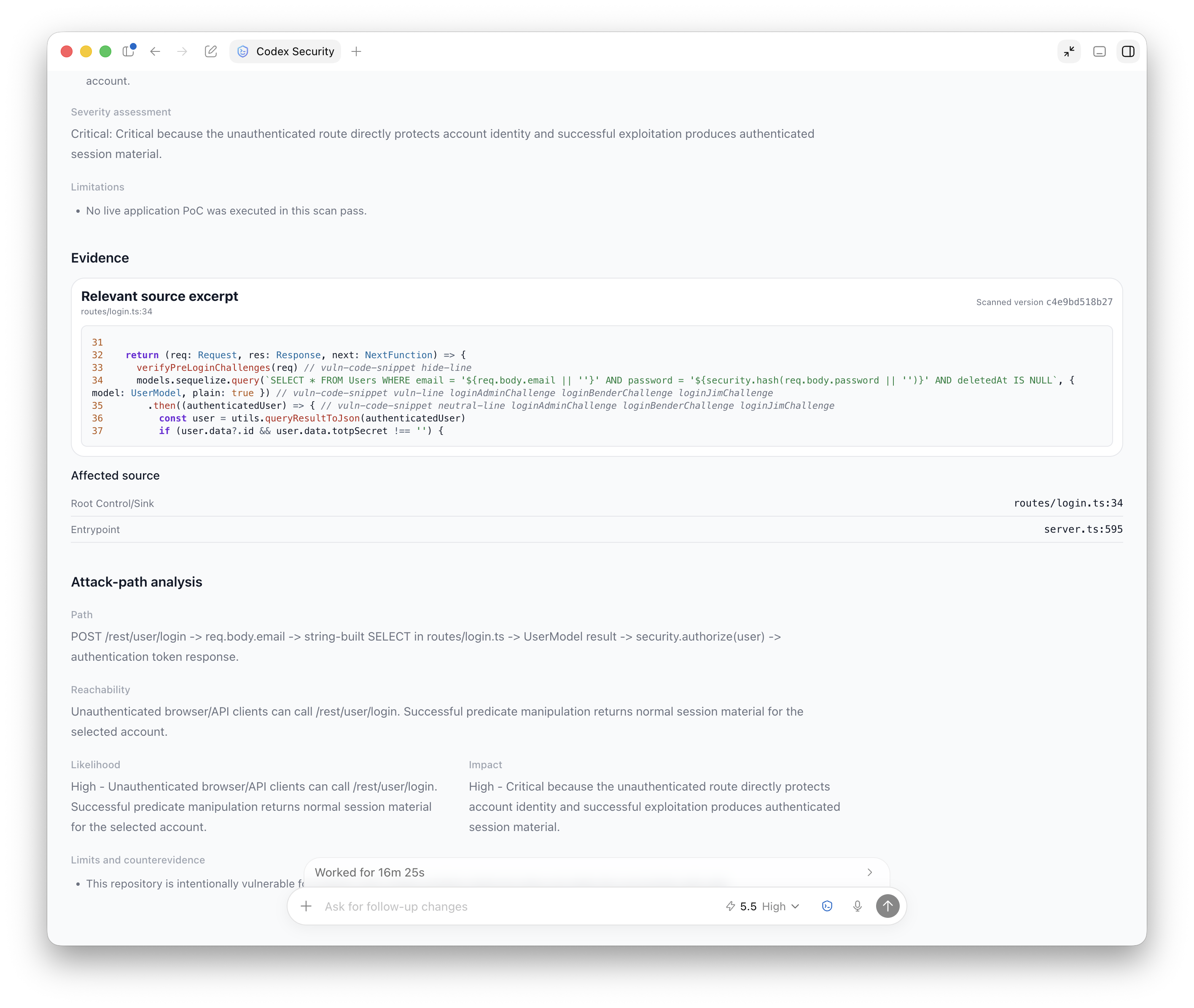 Codex Security finding evidence and attack-path analysis for OWASP Juice Shop