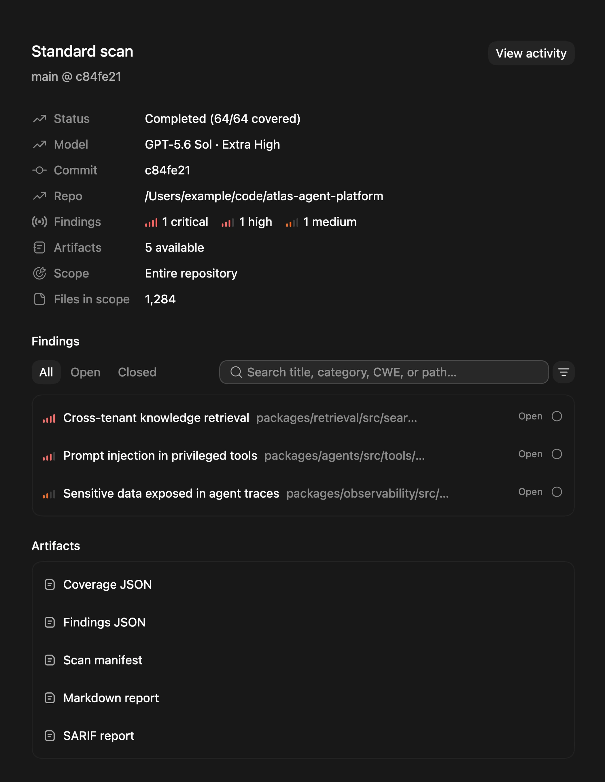 Completed Codex Security scan showing findings, scan coverage, and report artifacts