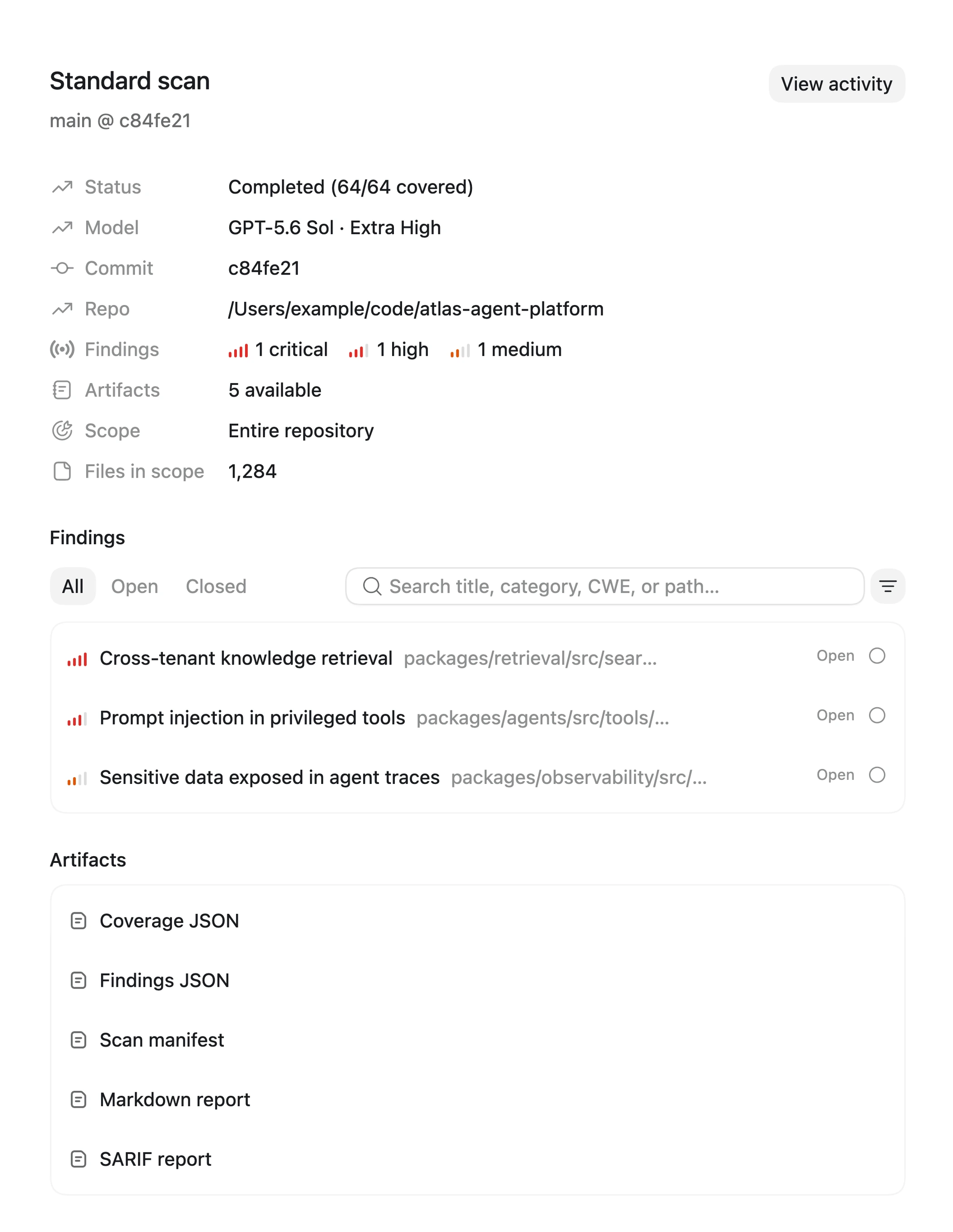 Completed Codex Security scan showing findings, scan coverage, and report artifacts