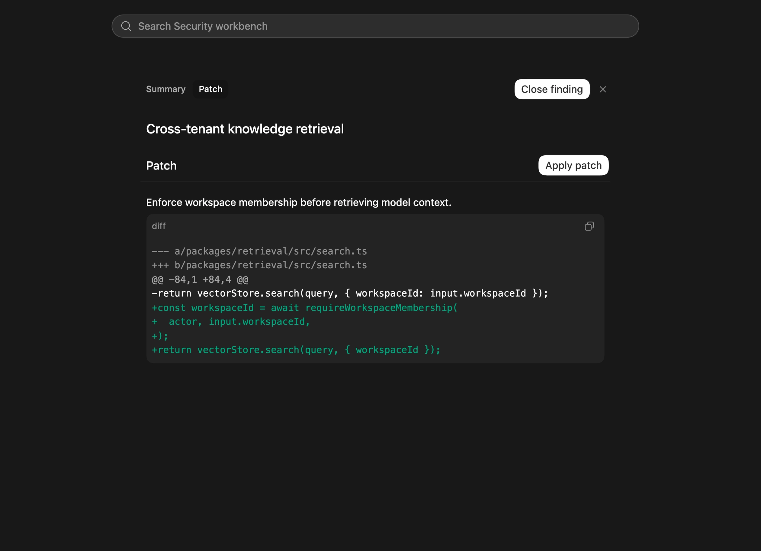 Codex Security 原生工作台，显示为已接受的发现项生成的补丁