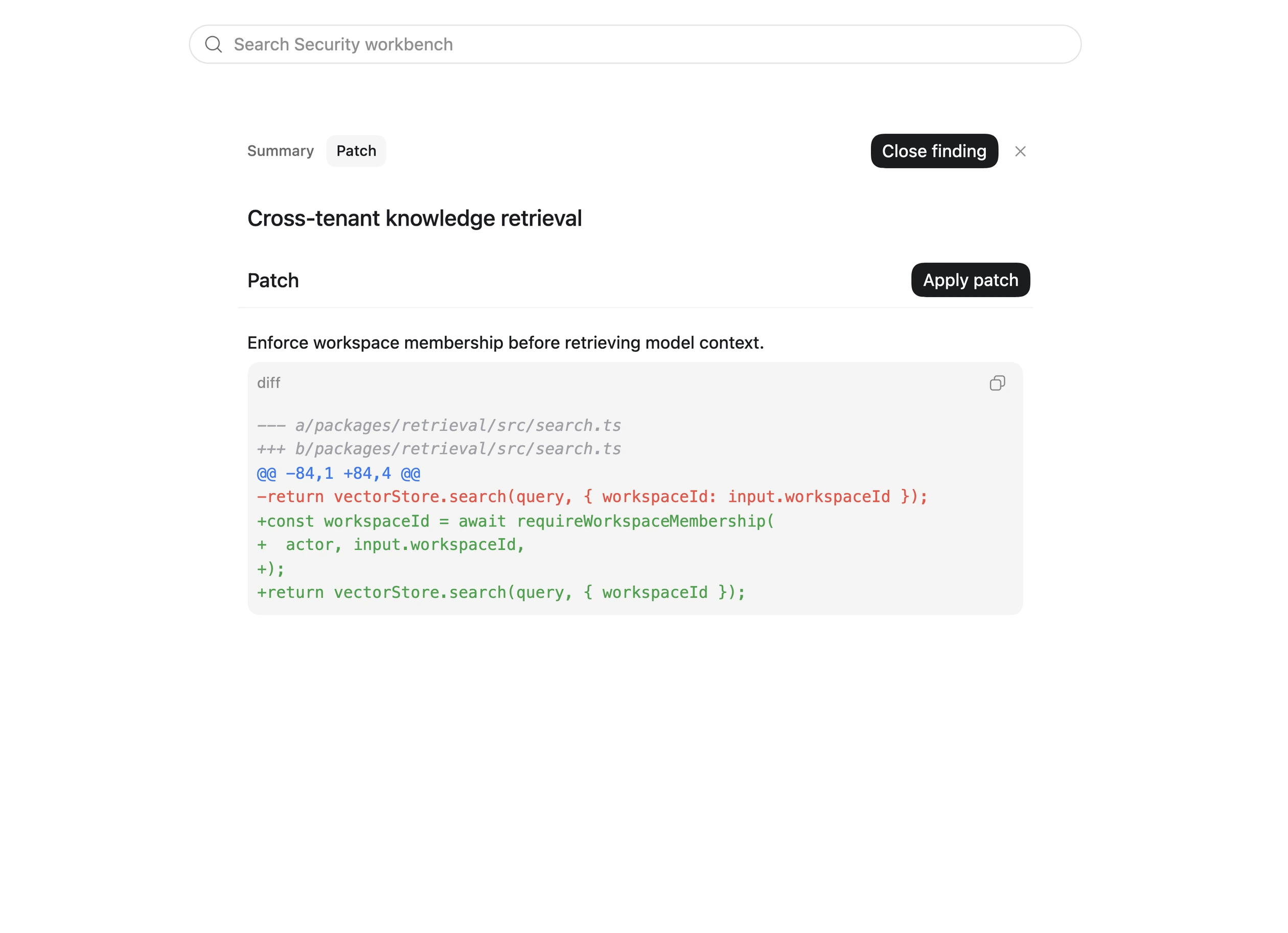 Codex Security 原生工作台，显示为已接受的发现项生成的补丁