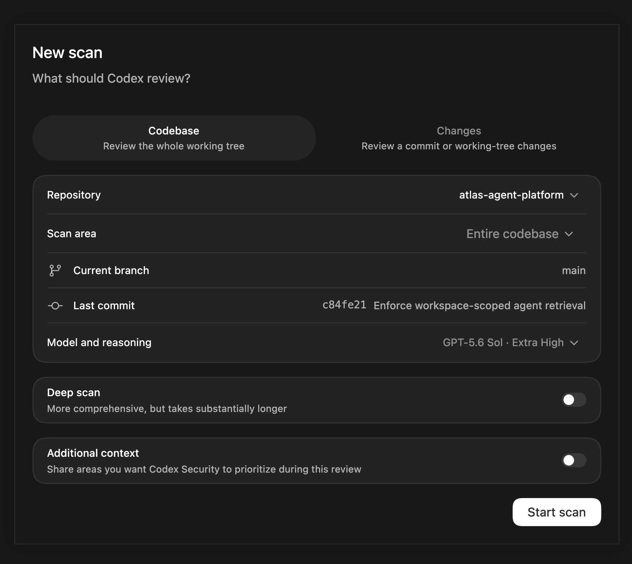Codex Security workbench showing the setup for a new repository scan