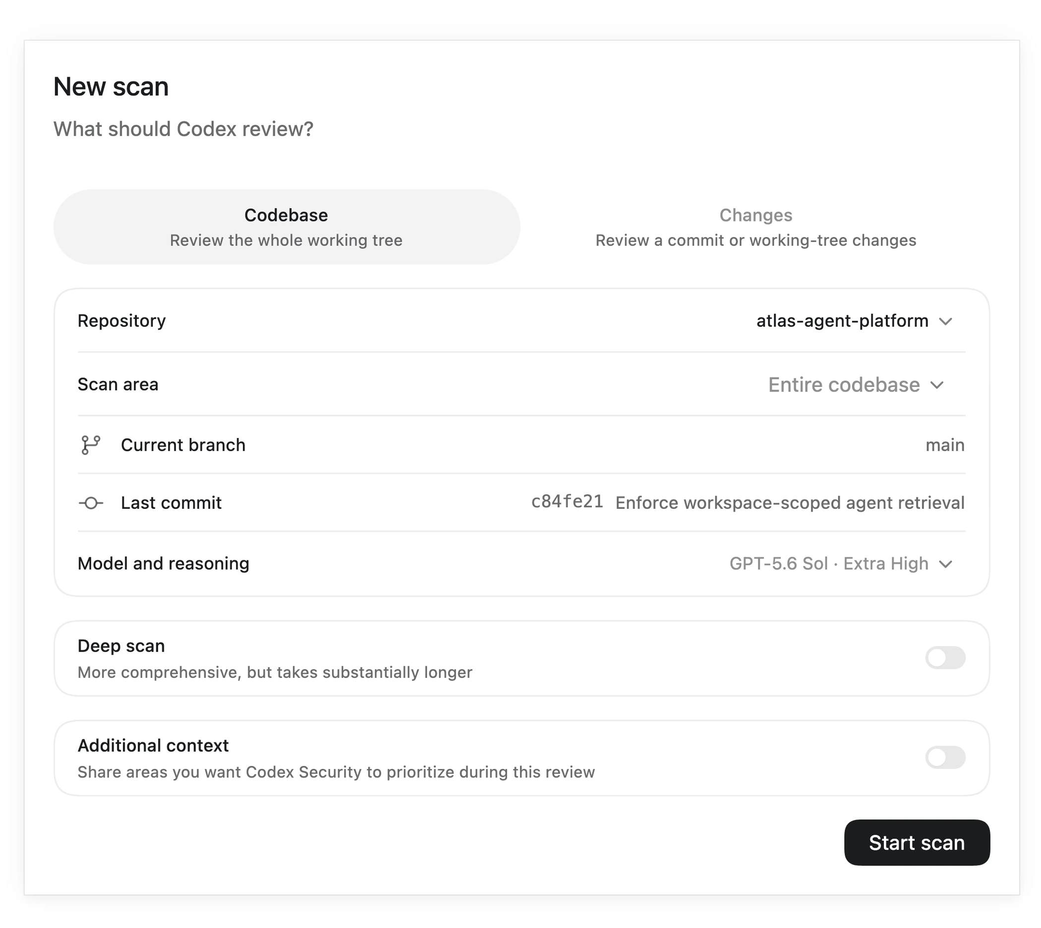 Codex Security workbench showing the setup for a new repository scan