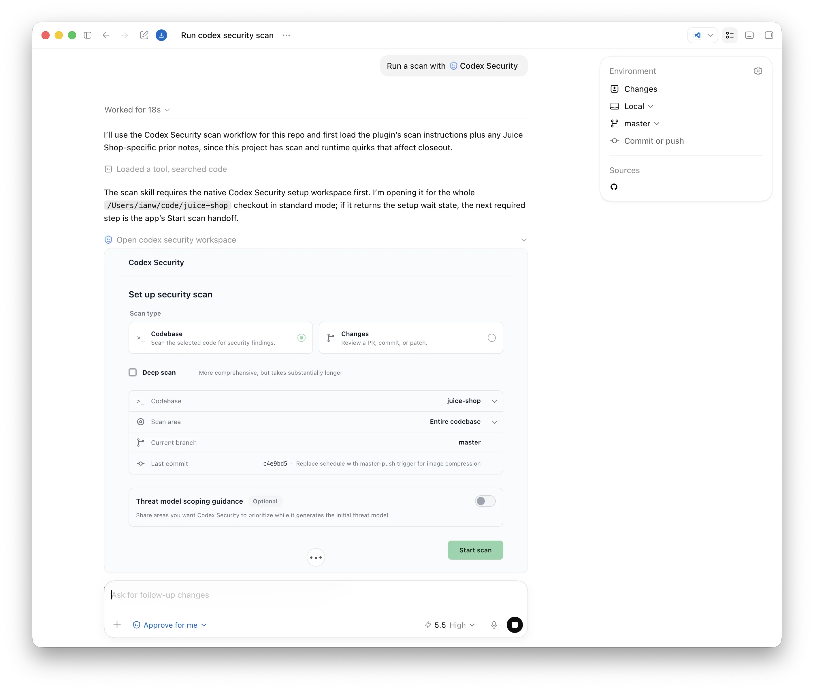 Codex Security setup workspace configured to scan an entire codebase