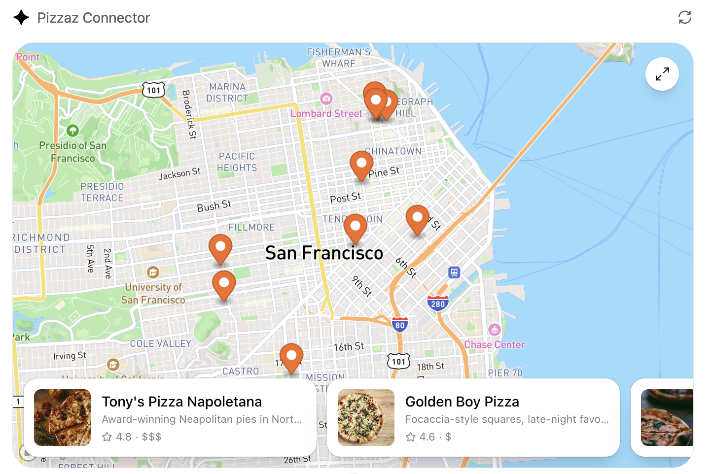 Pizzaz 地圖元件的螢幕擷取畫面