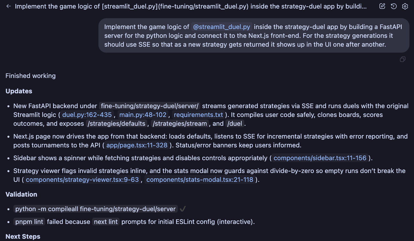 IDE 擴充功能的螢幕擷取畫面，其中的提示詞要求使用 FastAPI 伺服器將 Streamlit 應用程式移植到 Next.js