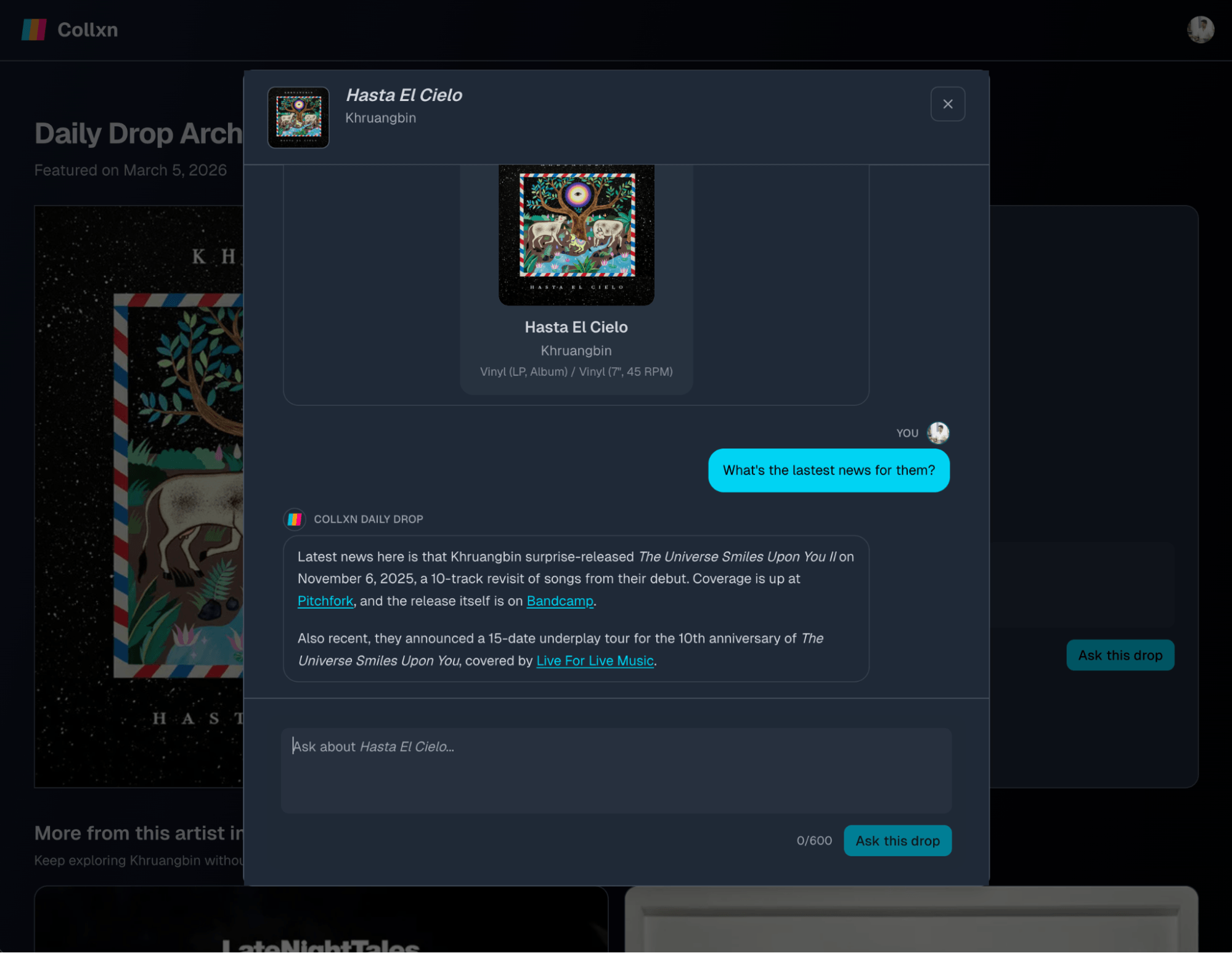 Seção de notícias sobre artistas do Daily Drop da Collxn