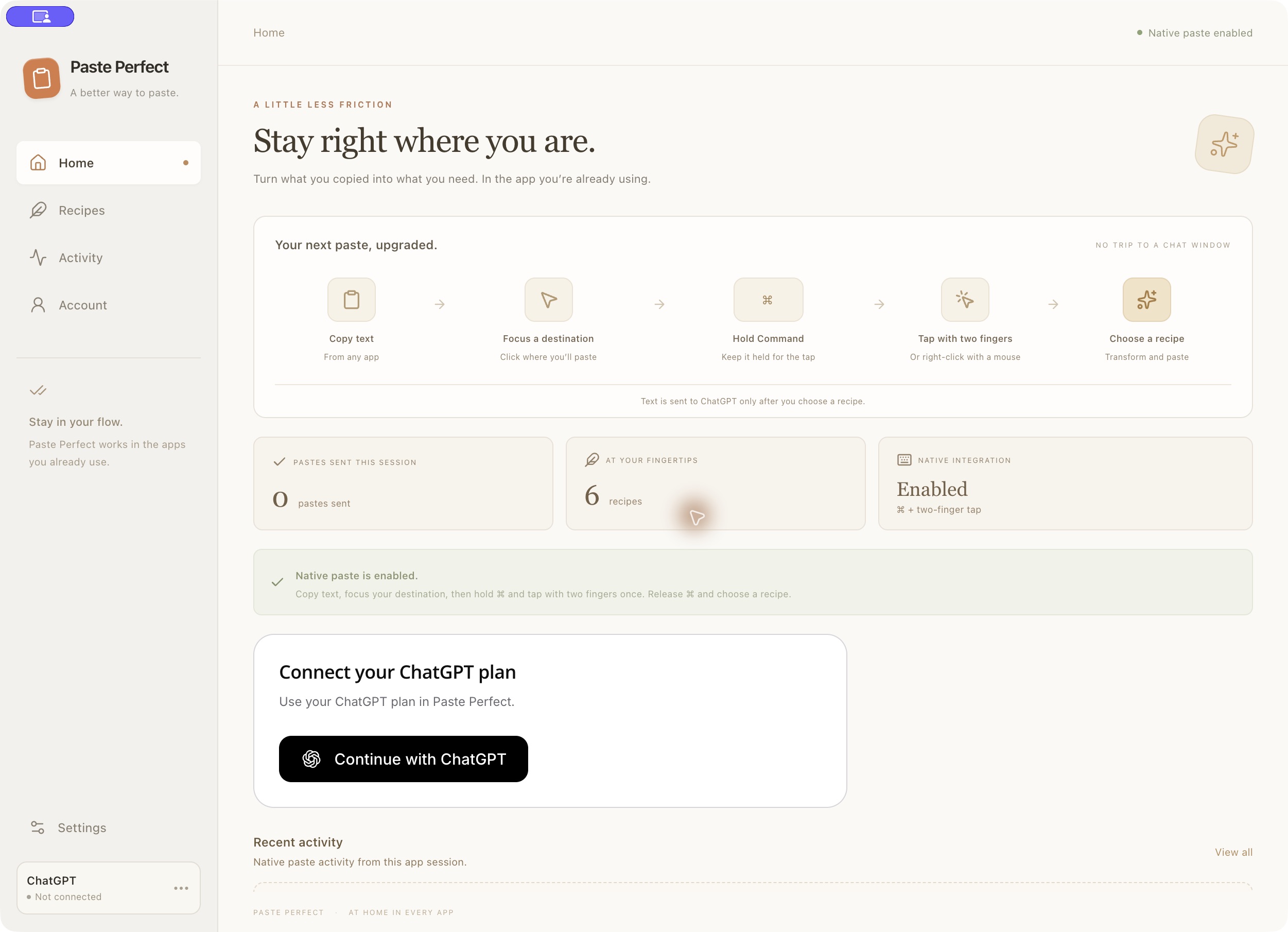 Paste Perfect before sign-in, showing the Continue with ChatGPT button.