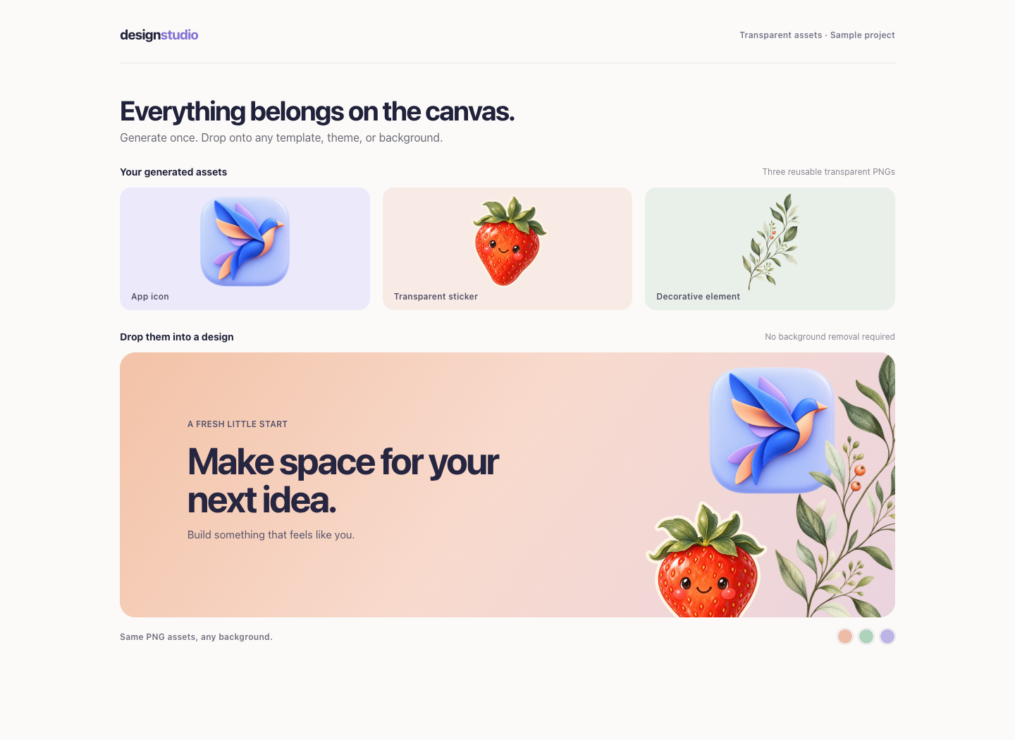 Simple design-template website showing a transparent app icon, strawberry sticker, and botanical decoration reused on a colored canvas