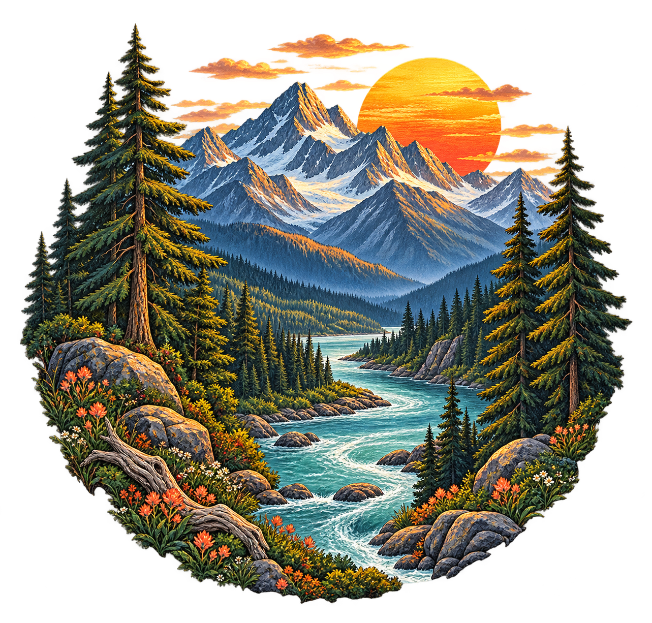 Transparent outdoor apparel illustration with mountains, pine trees, and a setting sun