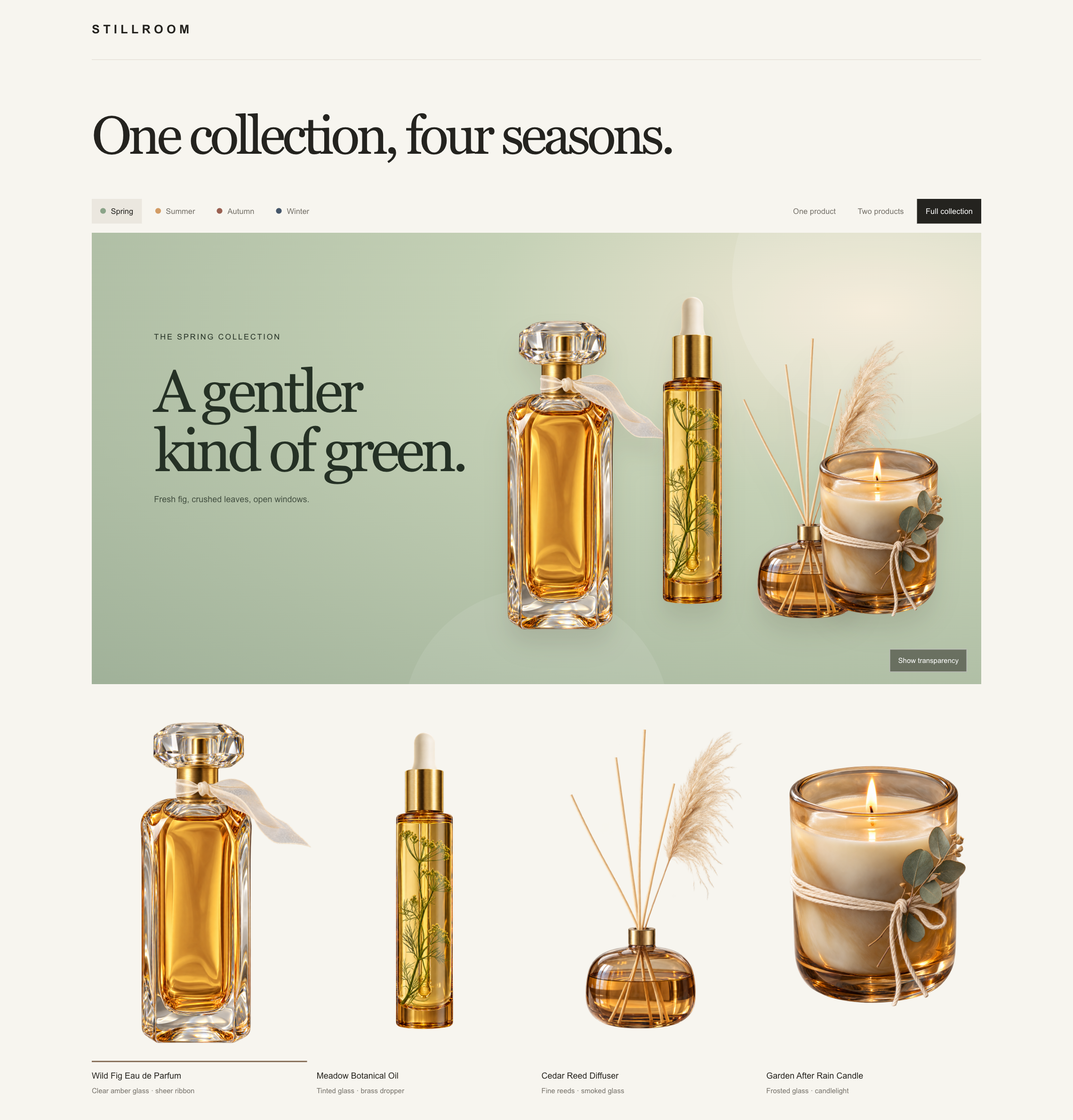 STILLROOM spring campaign website showing all four transparent product images on a green background
