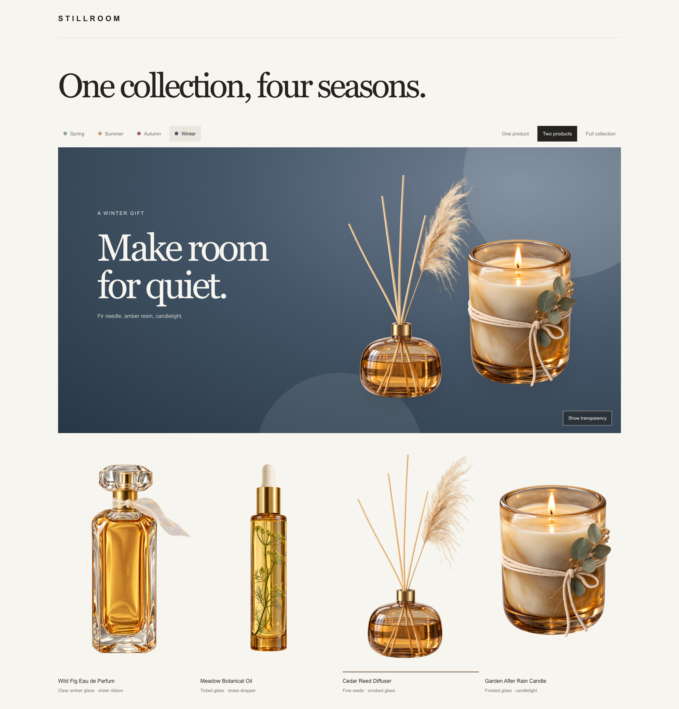 STILLROOM winter campaign website showing the reed diffuser and candle on a dark blue background