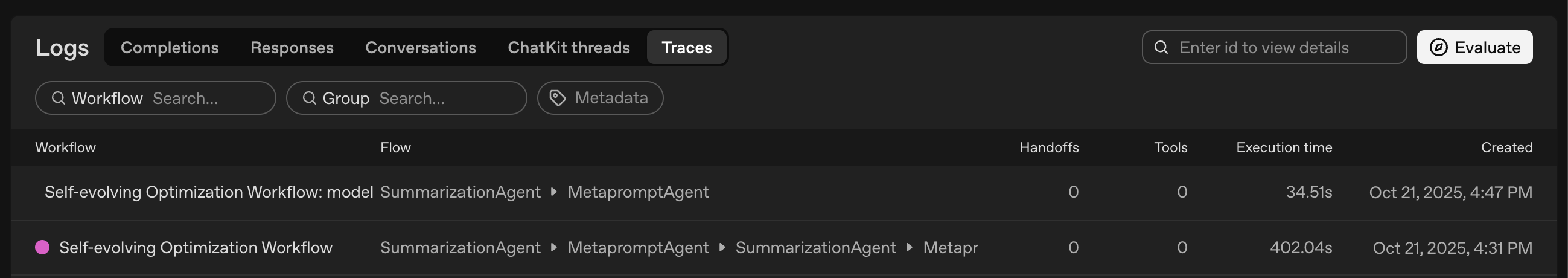 Agent log traces