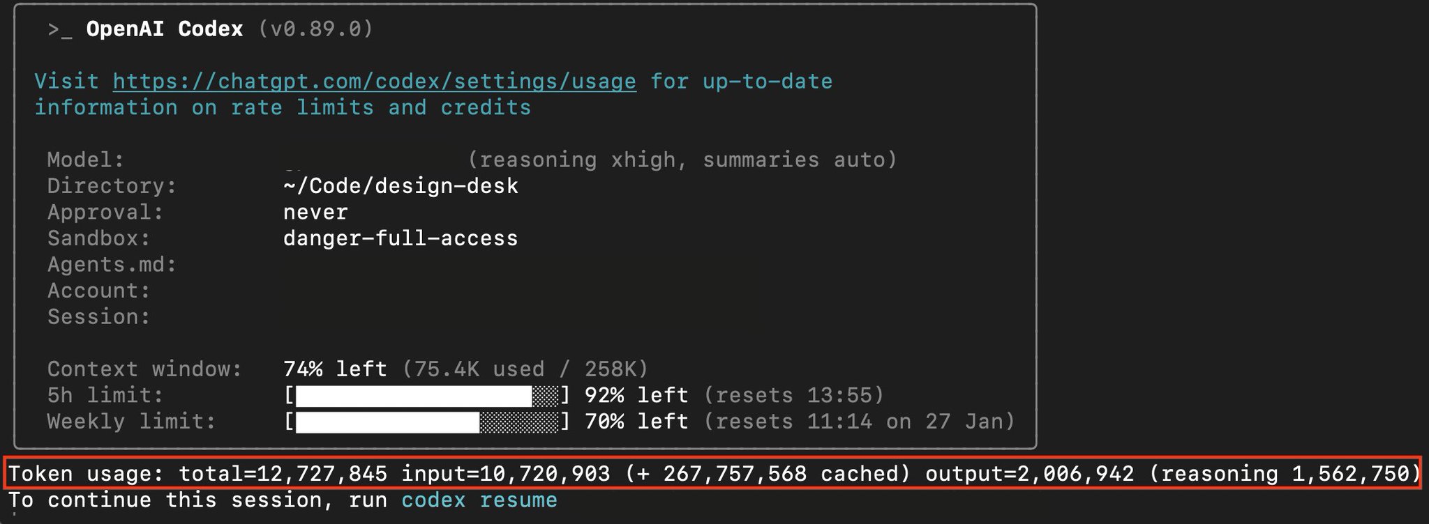 Codex CLI session stats and token usage