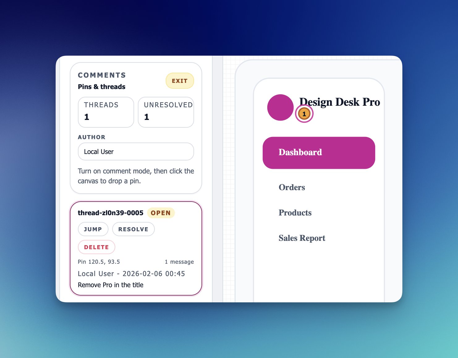 Comments panel with pinned thread on the canvas