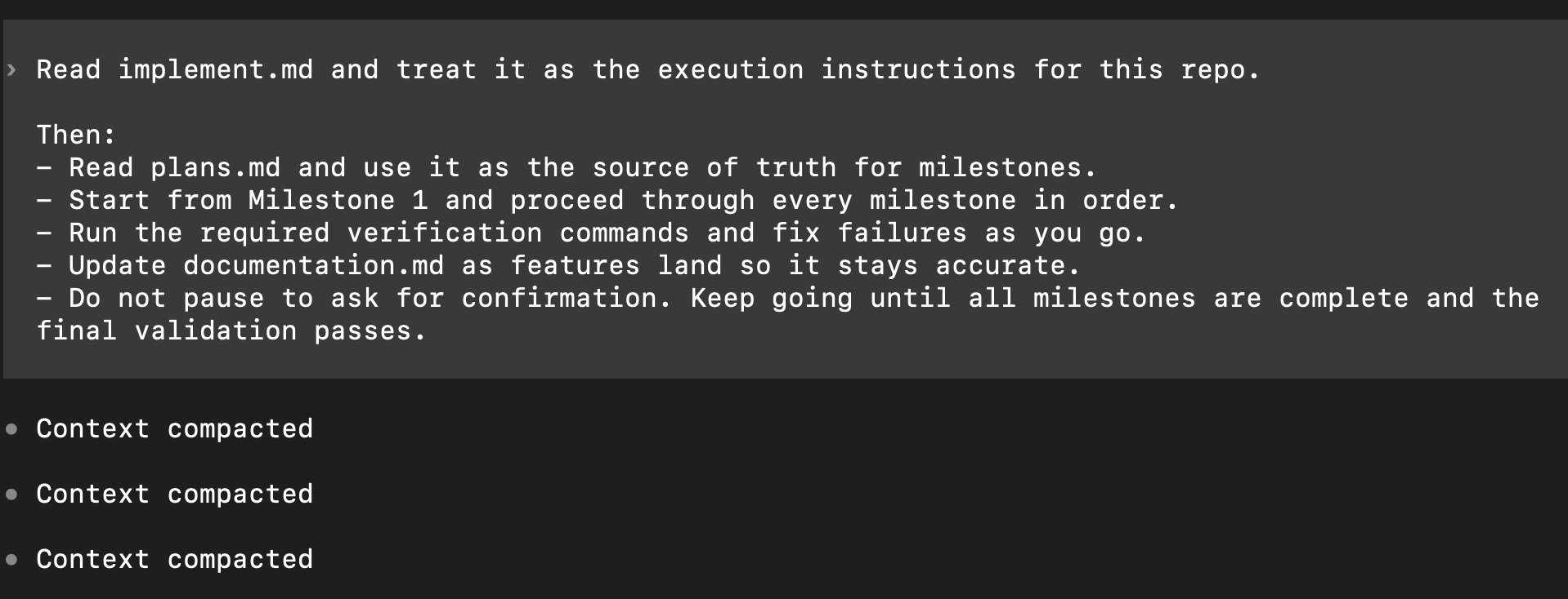 Prompt instructing Codex to read implement.md as execution instructions