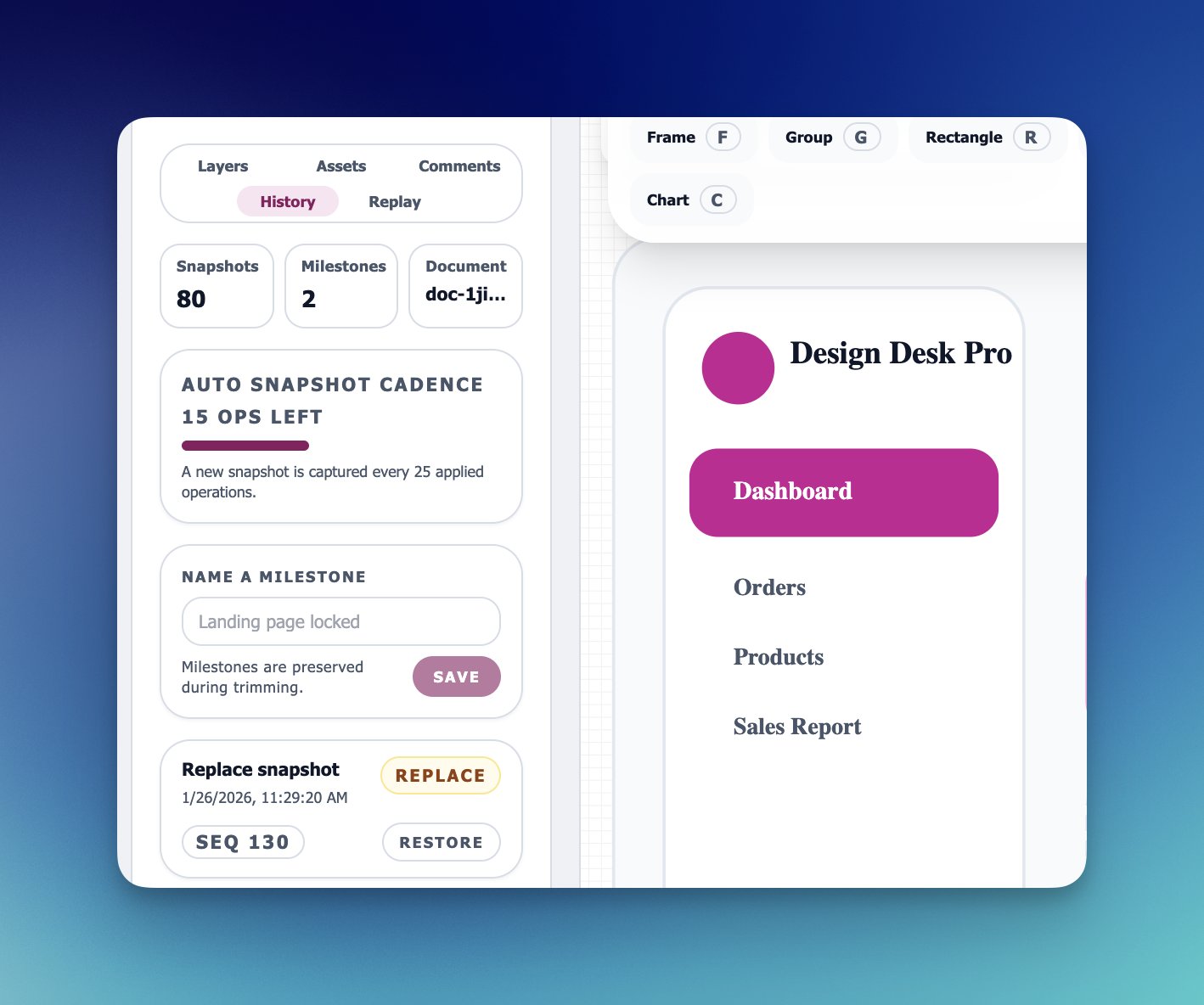 History panel showing snapshots and restore actions