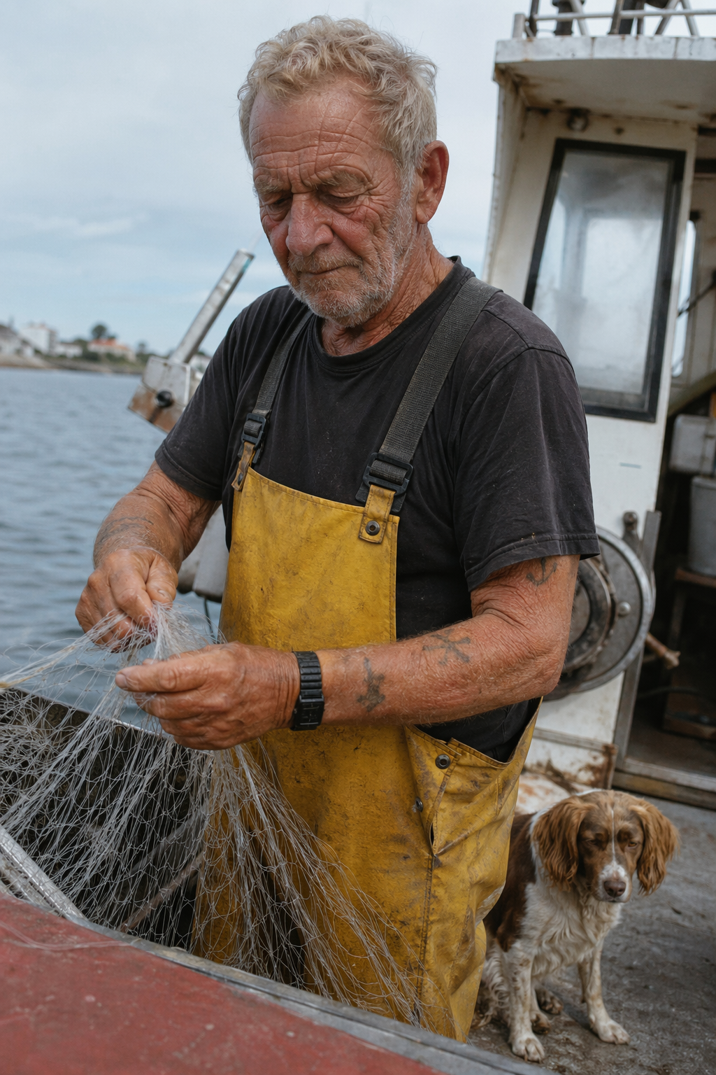 Photorealistic candid photograph of an elderly sailor on a small fishing boat. Weathered skin, faded sailor tattoos, calmly adjusting a net while his dog sits on the deck. Shot like a 35mm film photograph, 50mm lens, soft coastal daylight, shallow depth of field, subtle film grain. Honest and unposed — real skin texture, no glamorization.