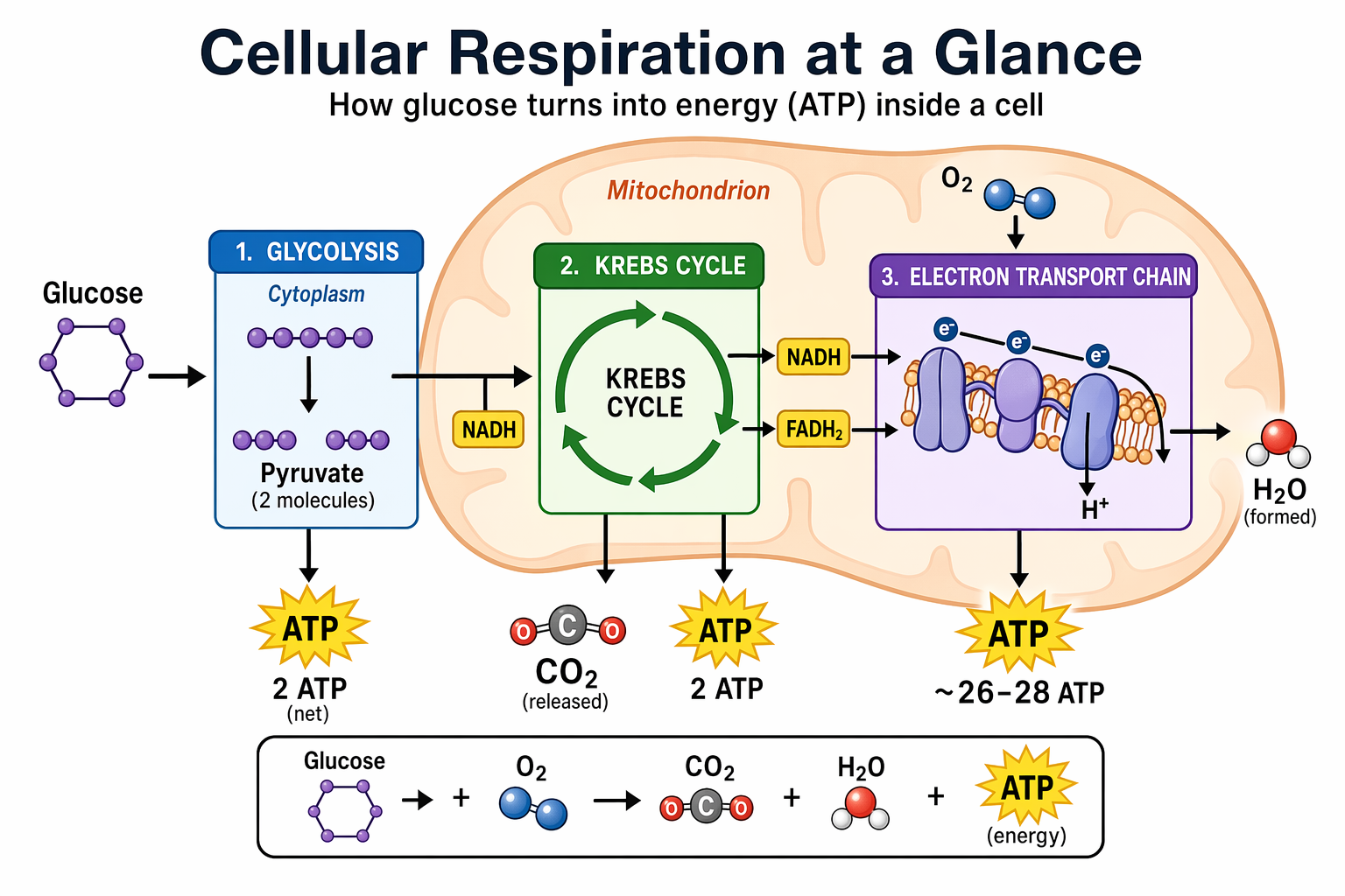 A simple biology diagram titled "Cellular Respiration at a Glance" for high school students. Glycolysis → Krebs cycle → electron transport chain, with arrows. Label glucose, pyruvate, ATP, NADH, FADH2, CO2, O2, H2O. White background, simple icons, clear labels, classroom-handout aesthetic.