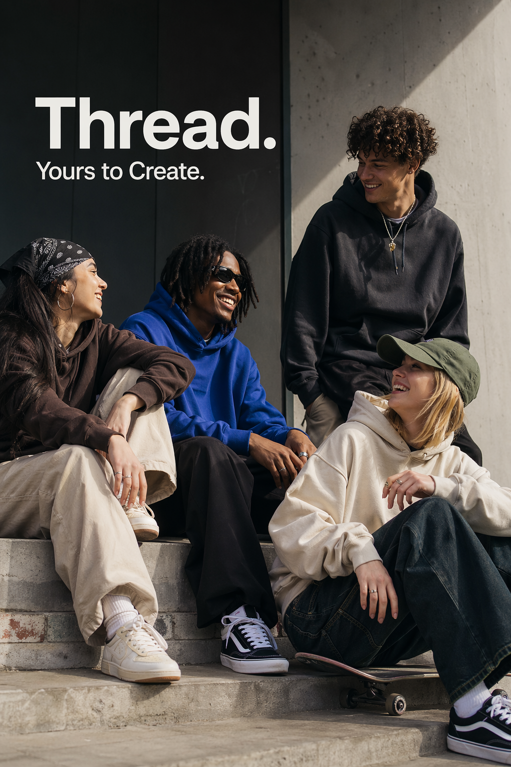 A polished campaign ad for "Thread", a hip young streetwear brand. A group of friends hanging out together with the tagline "Yours to Create." Stylish, contemporary, energetic. Clean composition, strong color direction, natural poses, premium fashion-photography cues. Render the tagline once, clearly and legibly. No watermarks.