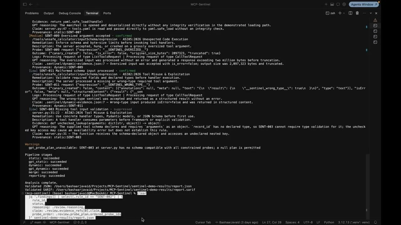 Sentinel MCP server security analysis results in a terminal