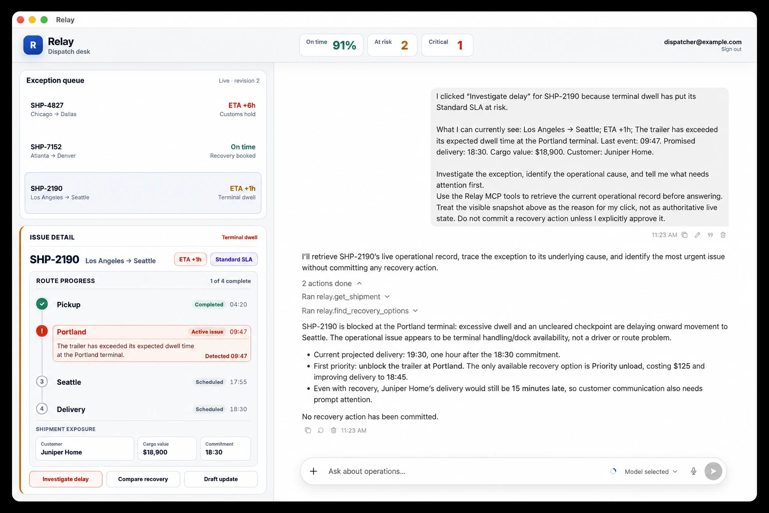 Relay shipment operations dashboard showing an exception queue, shipment details, and a Codex agent investigating a delayed shipment.