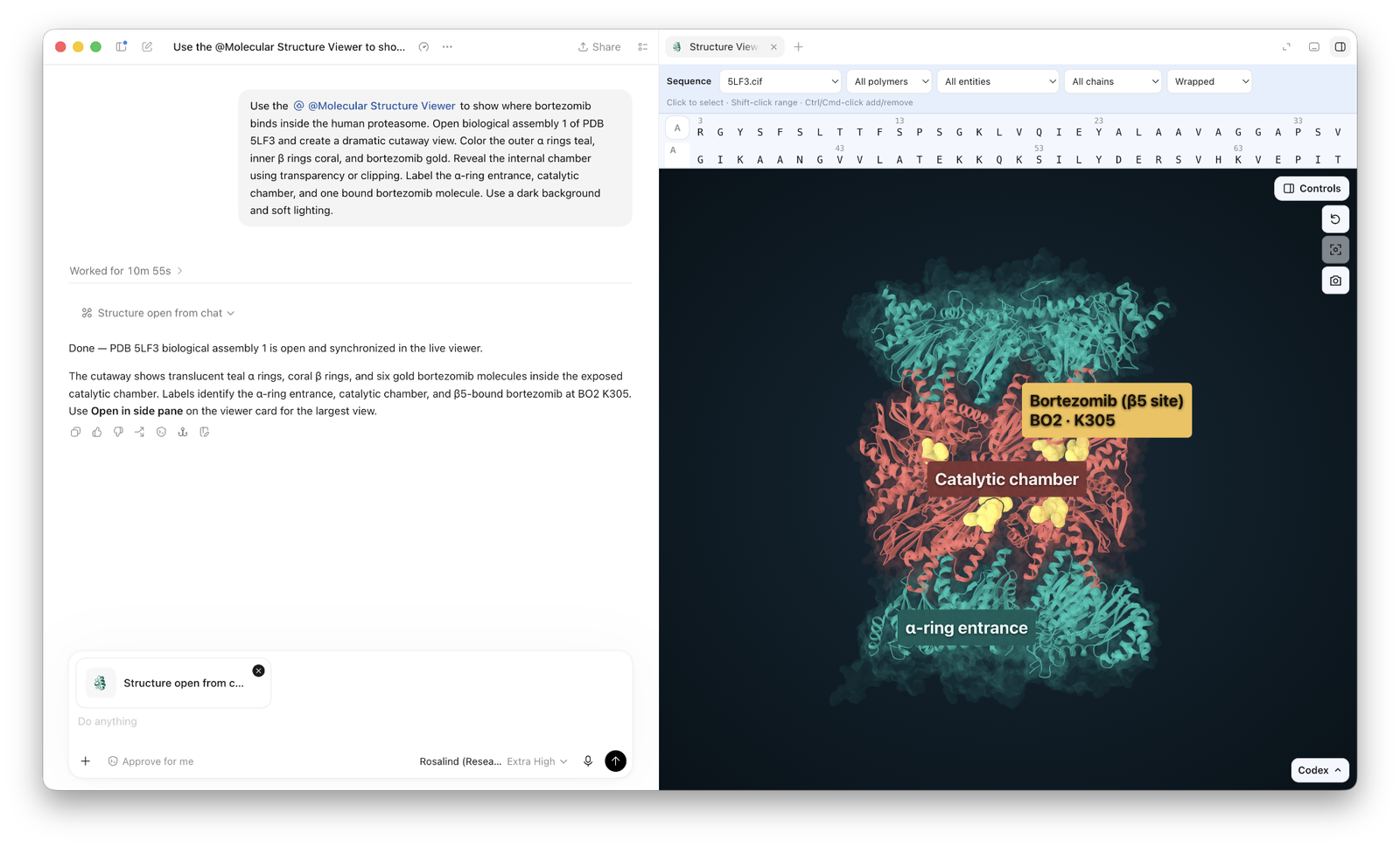 A molecular structure and annotated catalytic chamber displayed beside a research conversation.
