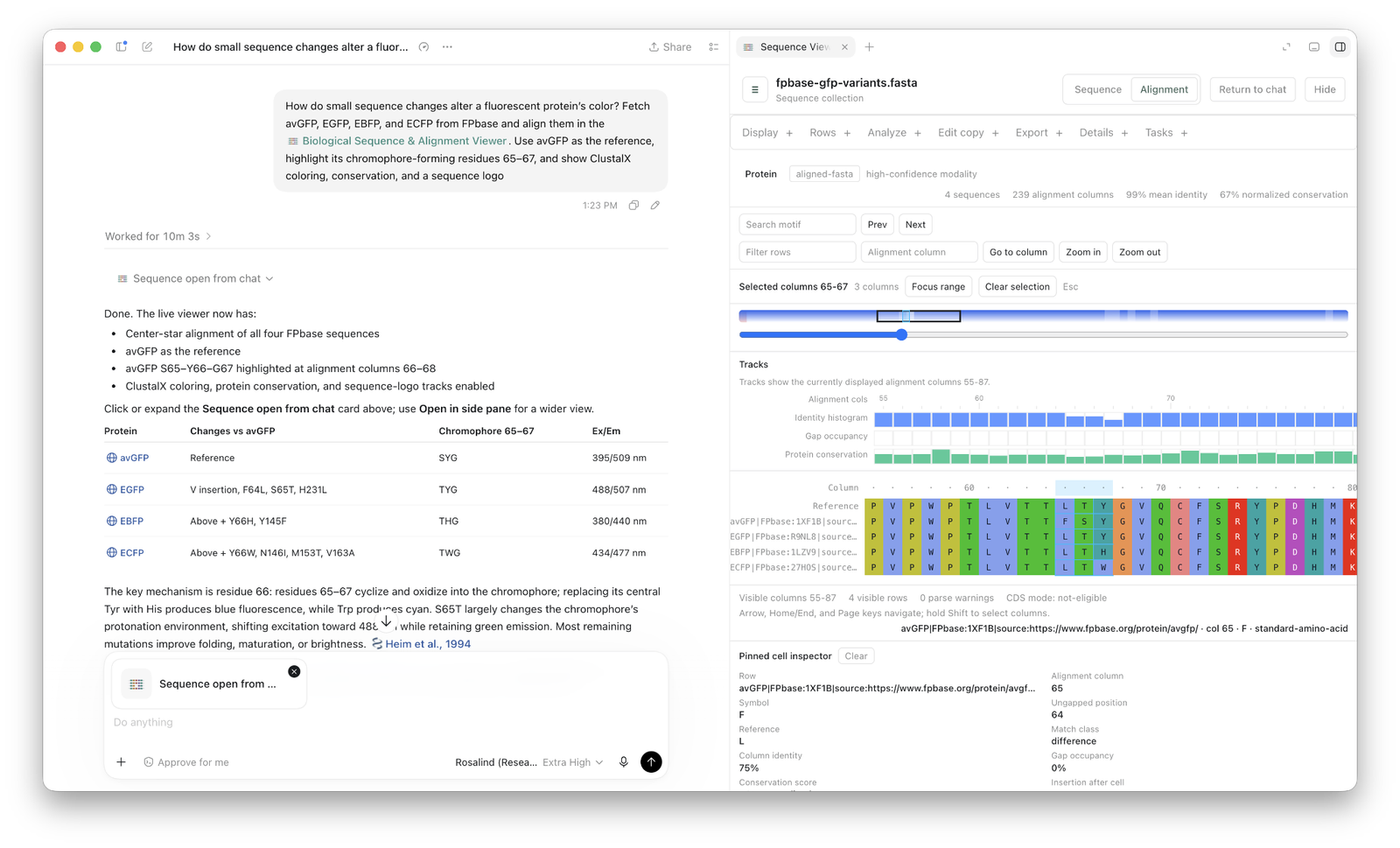 Biological sequence alignment displayed beside a research conversation.