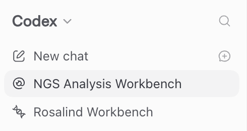 NGS Analysis Workbench and Rosalind Workbench in the Codex navigation.