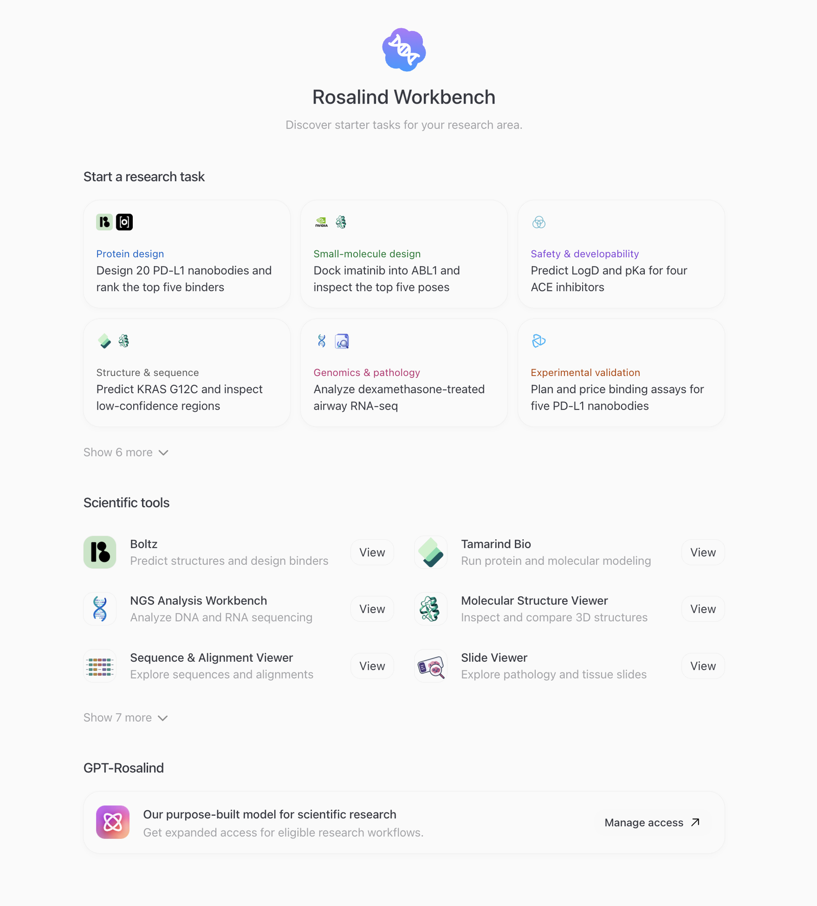 Rosalind Workbench showing research jobs, scientific tools, and GPT-Rosalind access.