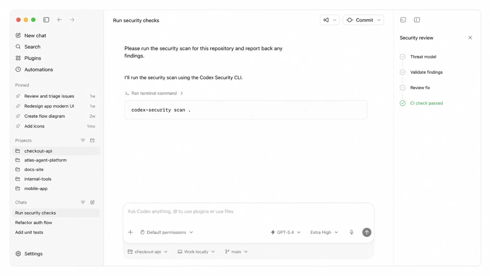 Illustration of a repository security scan with threat modeling, finding validation, fix review, and a completed CI check.