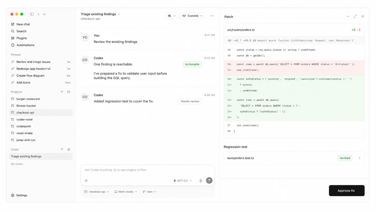 Illustration of an actionable finding, a proposed patch, and a regression test awaiting human review.