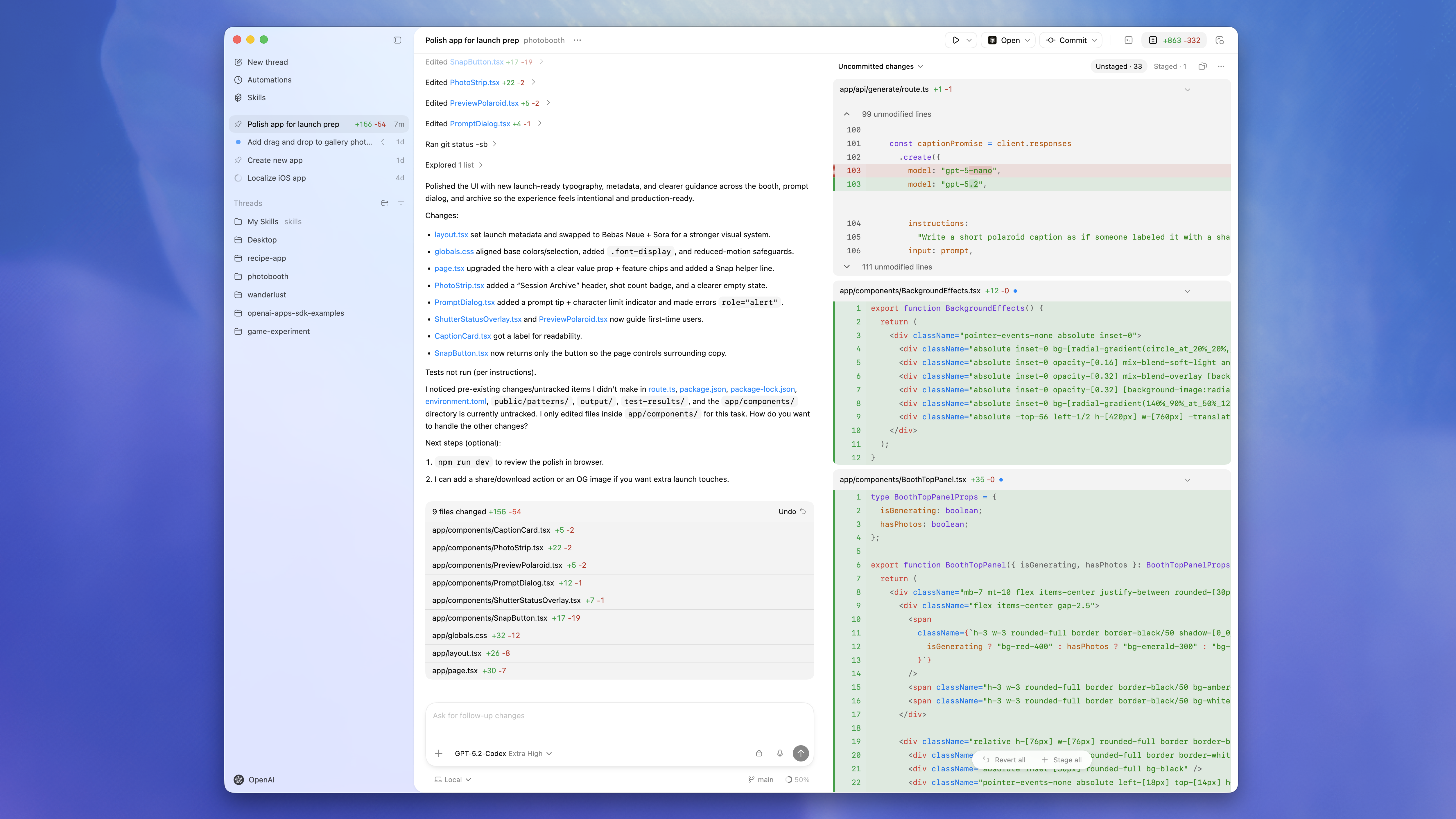 Codex app window with a project sidebar, active thread, and review pane