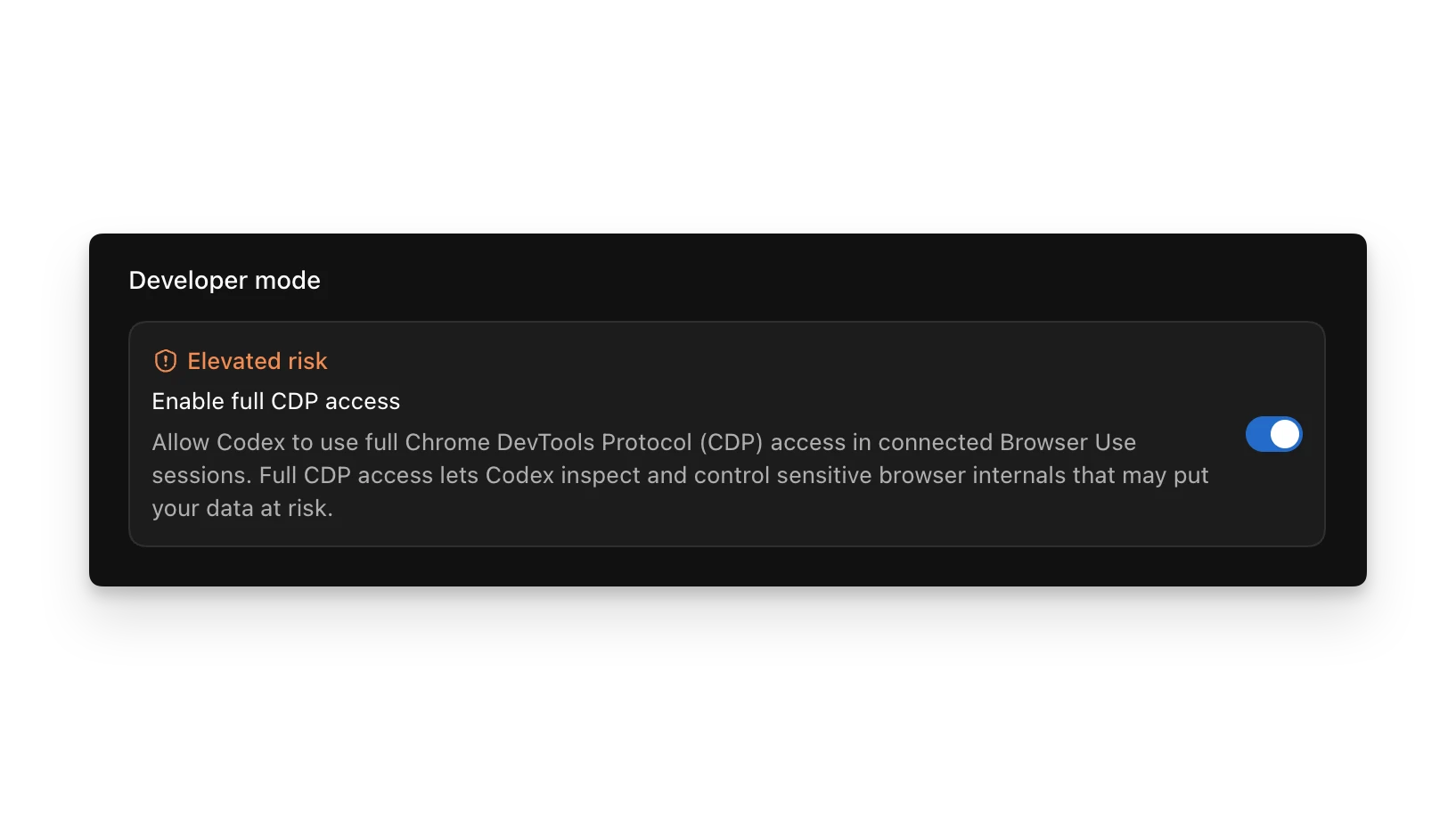 Codex app Browser settings showing Developer mode with full CDP access enabled
