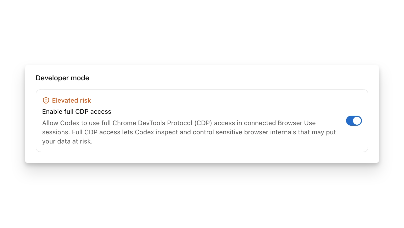 Codex app Browser settings showing Developer mode with full CDP access enabled