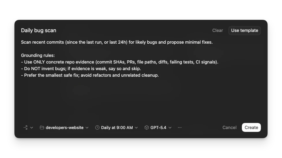 Automations settings showing local and worktree options alongside scheduling controls