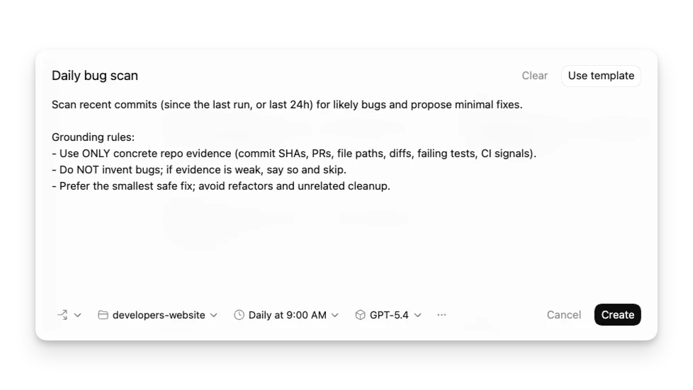 Automations settings showing local and worktree options alongside scheduling controls