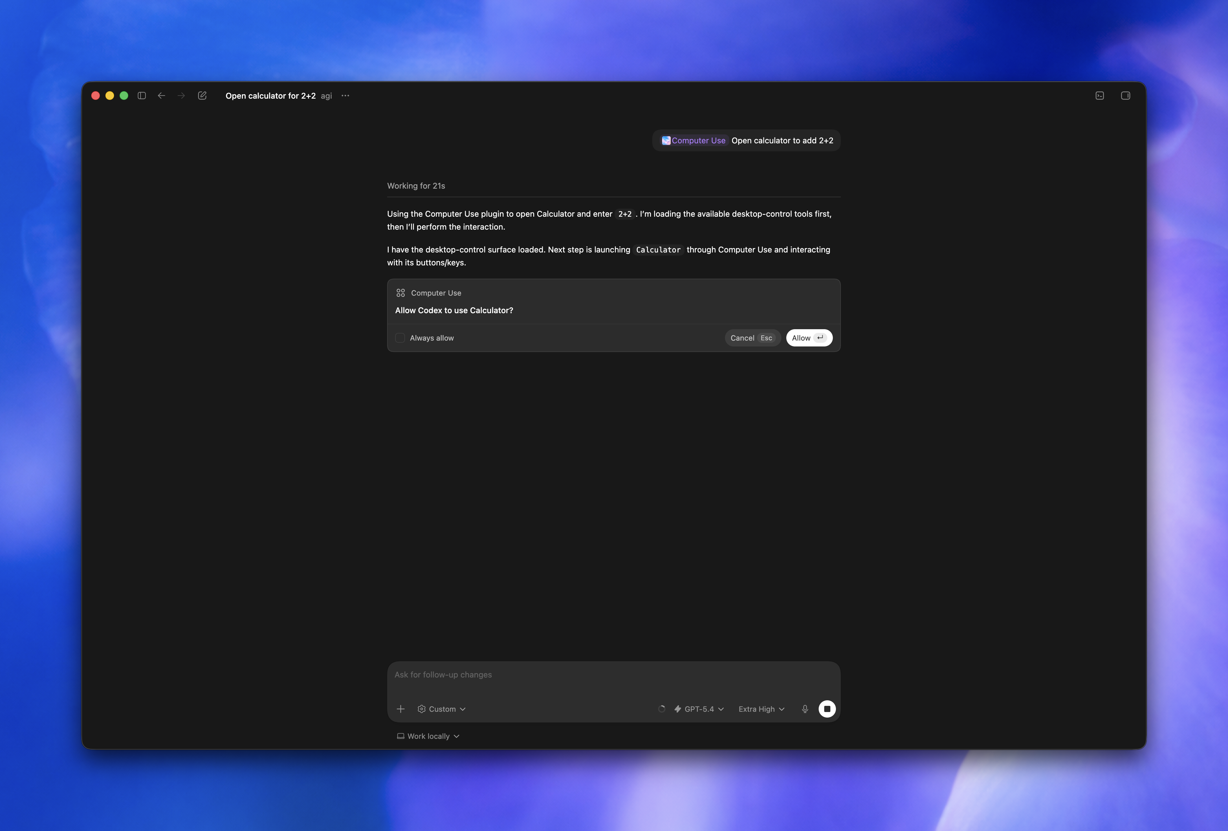 Codex app asking for permission to use Calculator with computer use