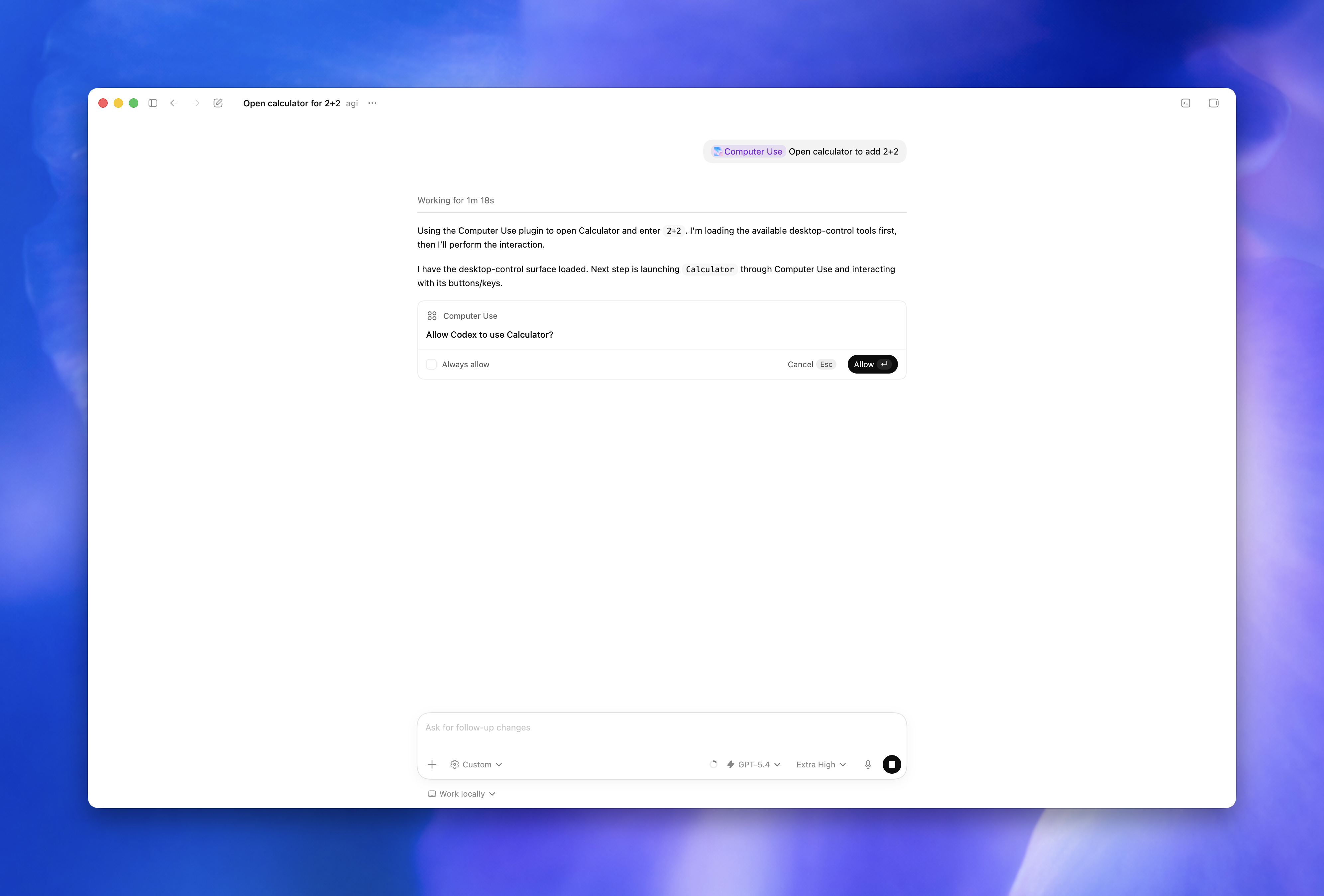 Codex app asking for permission to use Calculator with computer use