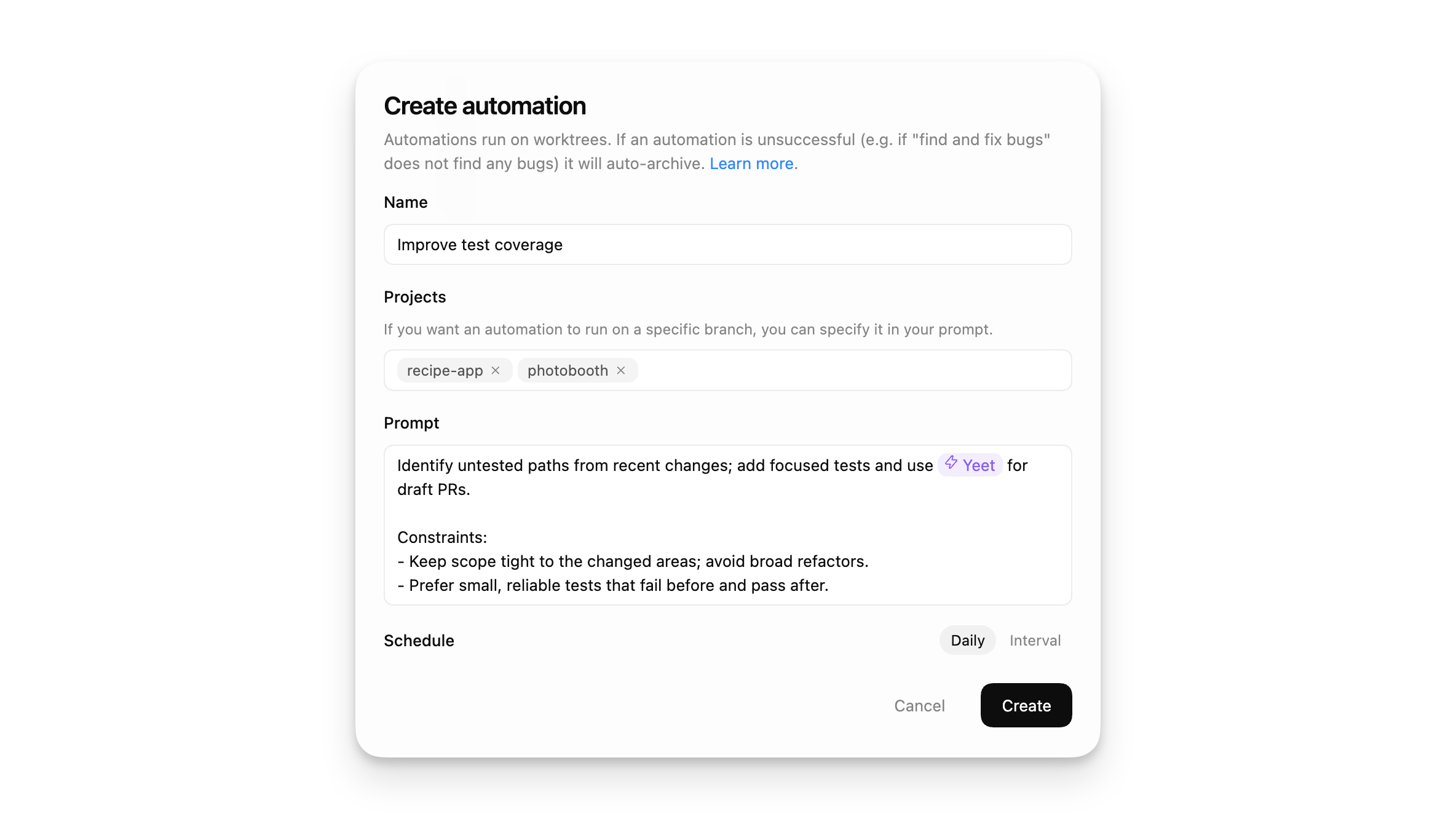 Automation creation form with schedule and prompt fields