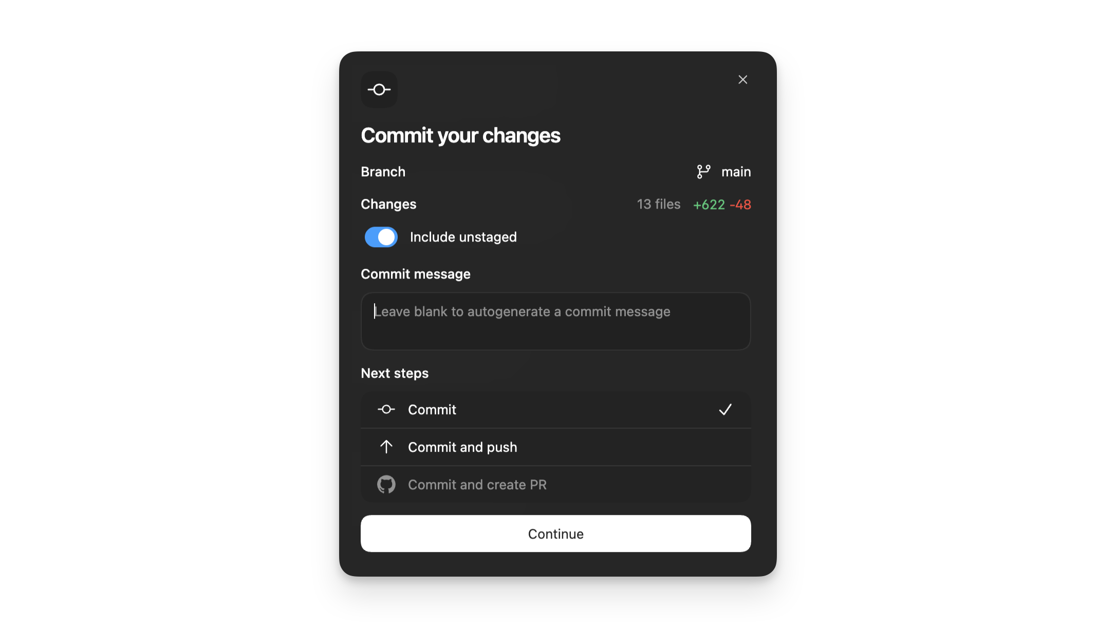 Git diff and commit panel with a commit message field