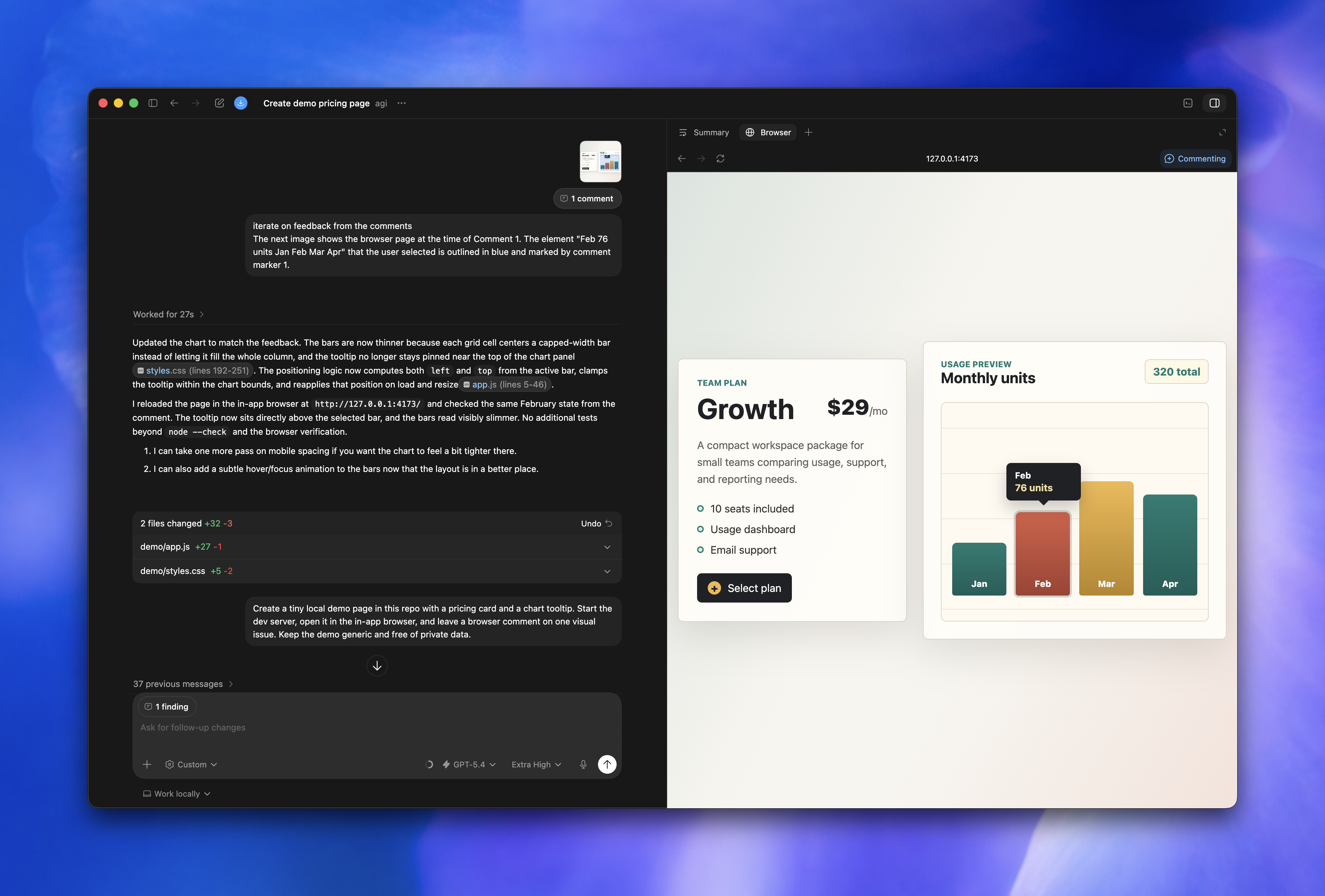 Codex app showing a browser comment on a local web app preview