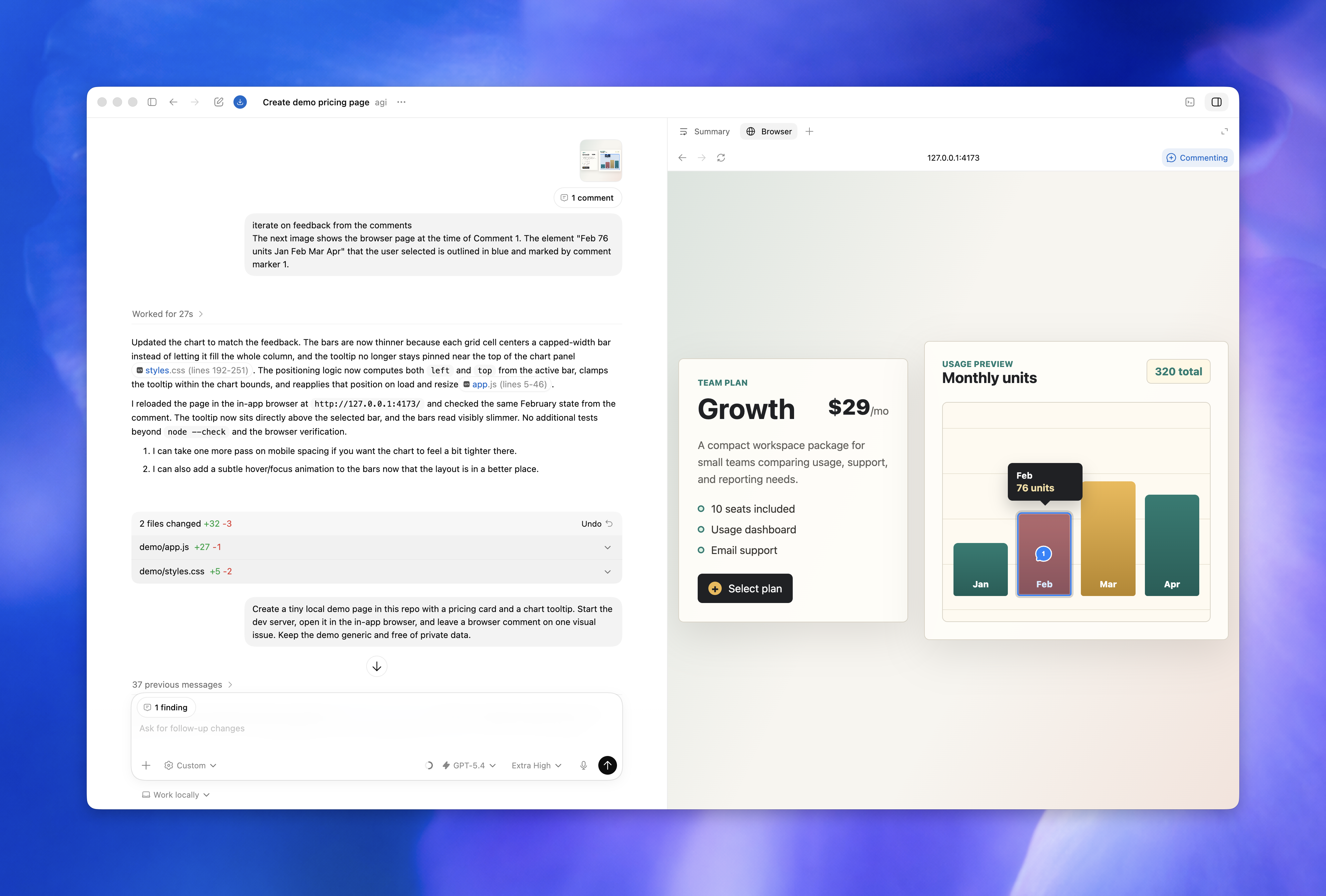 Codex app showing a browser comment on a local web app preview