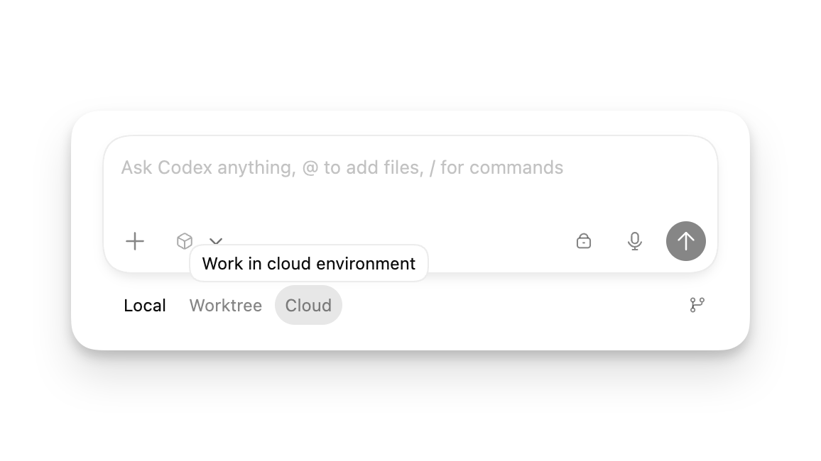 New thread composer with Local, Worktree, and Cloud mode options