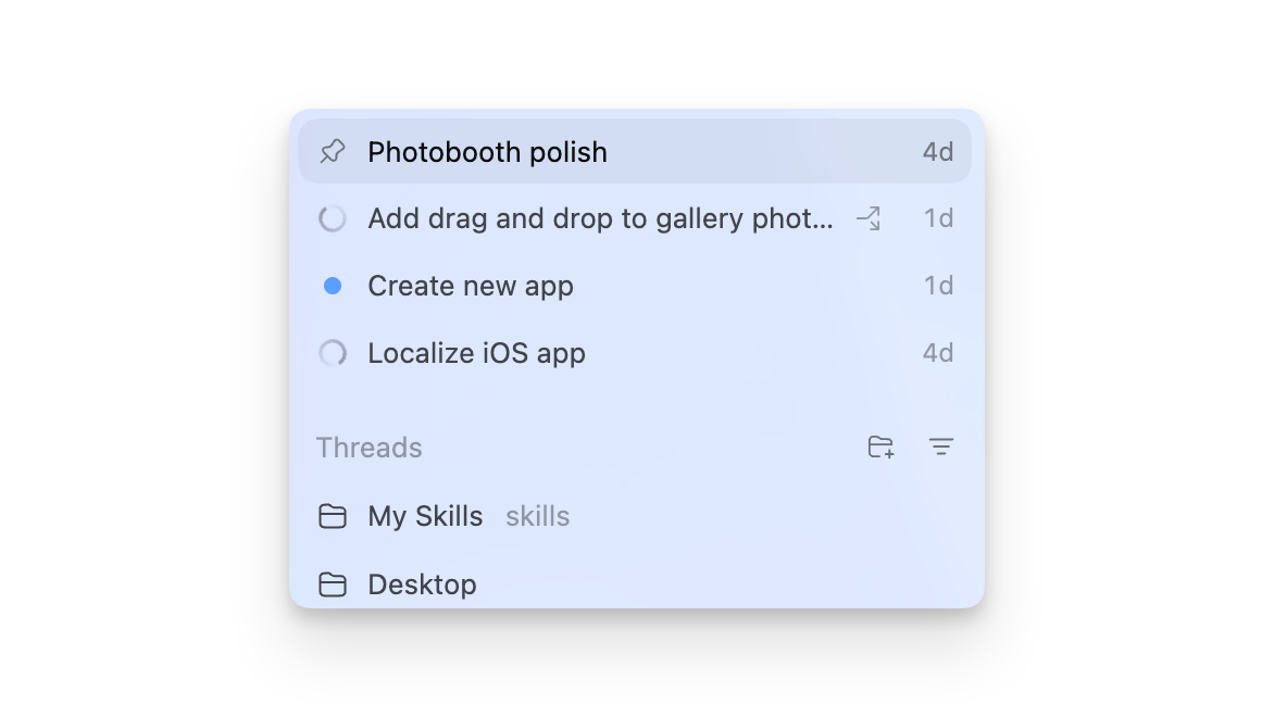 Codex app showing multiple projects in the sidebar and threads in the main pane