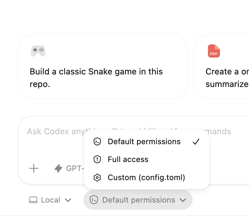 Codex app permissions selector showing Default permissions, Full access, and Custom (config.toml)