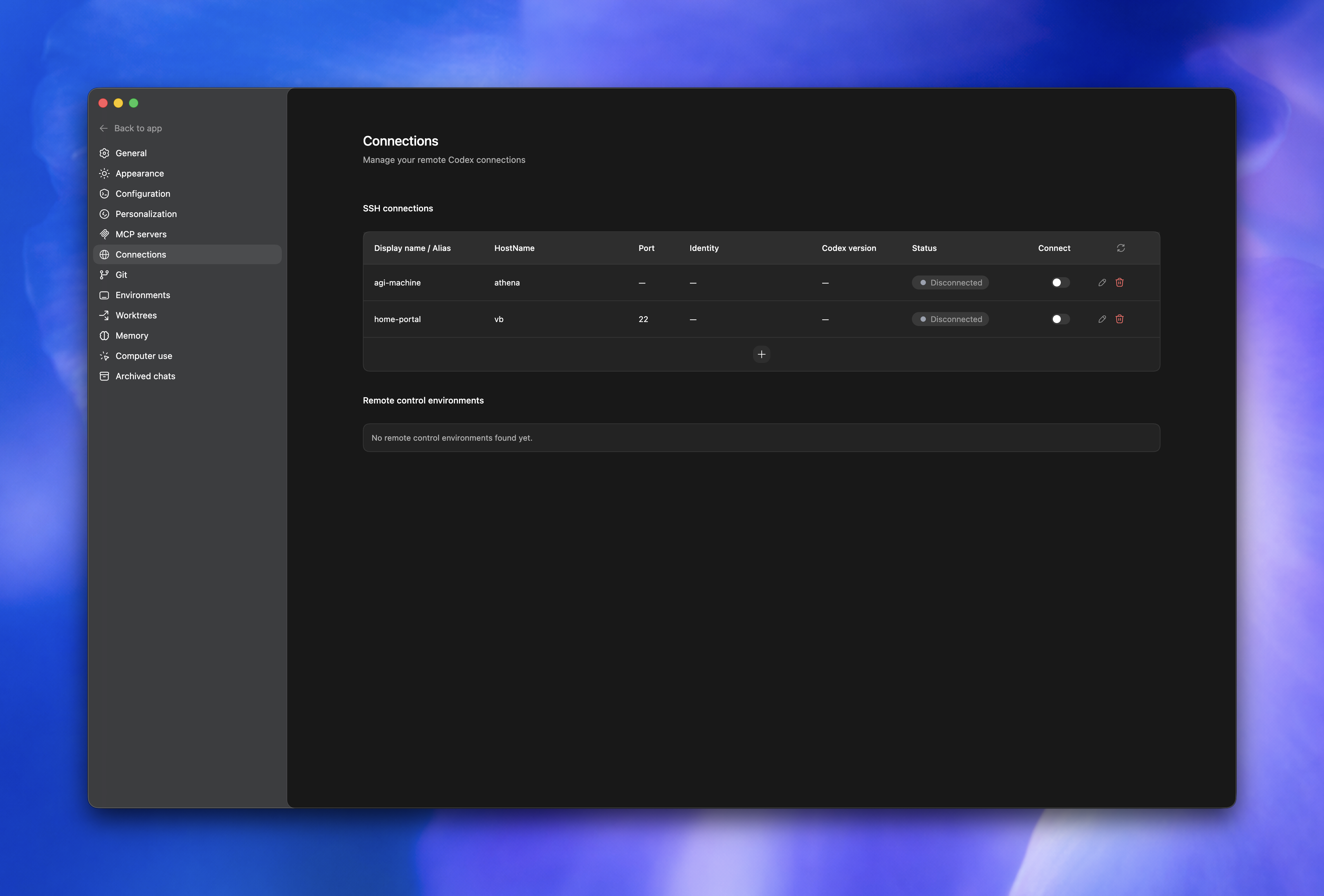 Codex app settings showing SSH remote connections